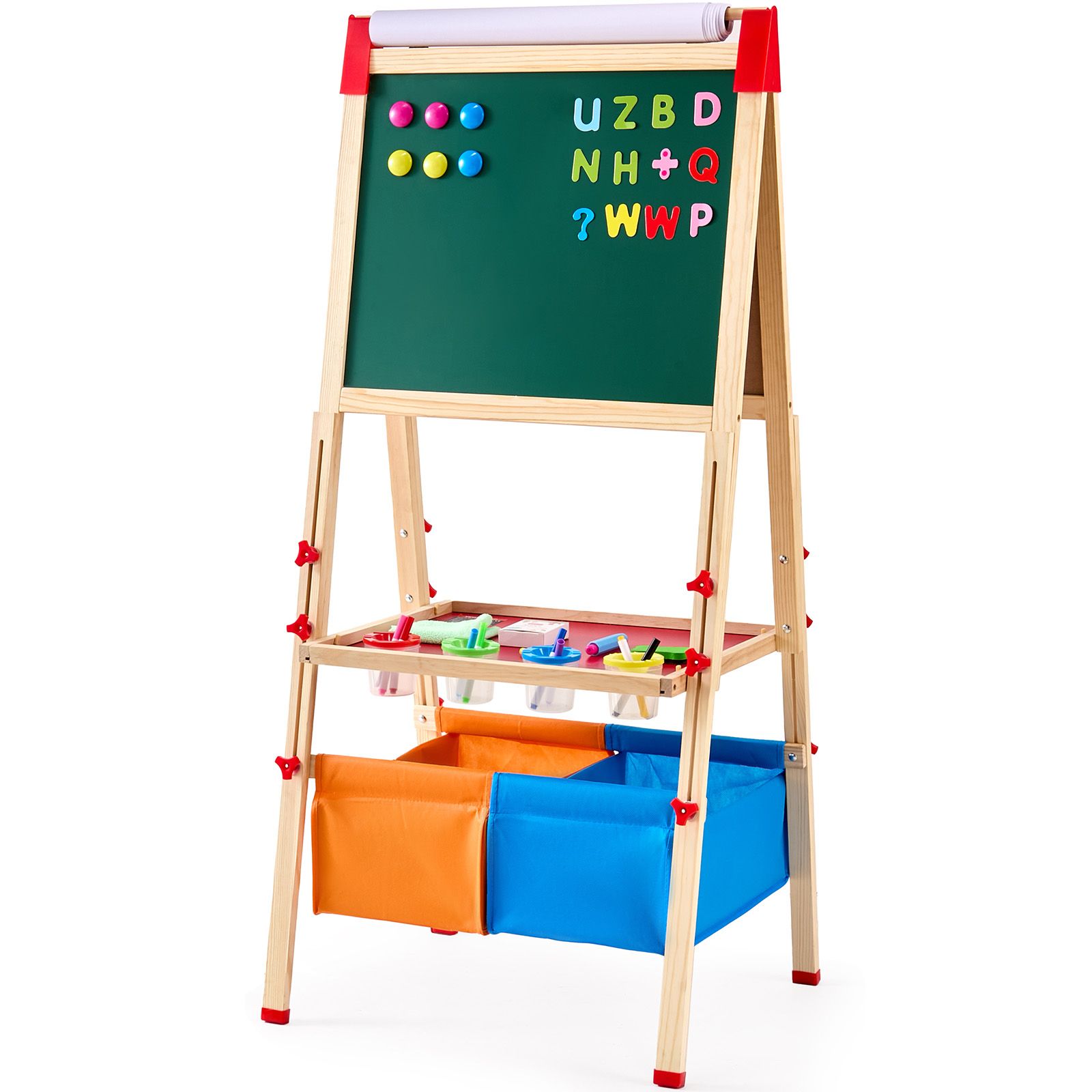 Kinderstaffelei, 3-in-1, Aus Holz, Doppelseitig Mit Magnettafel, Schiefertafel, Papierrolle, Höhenverstellbar, Mit Zubehör Und Aufbewahrung.