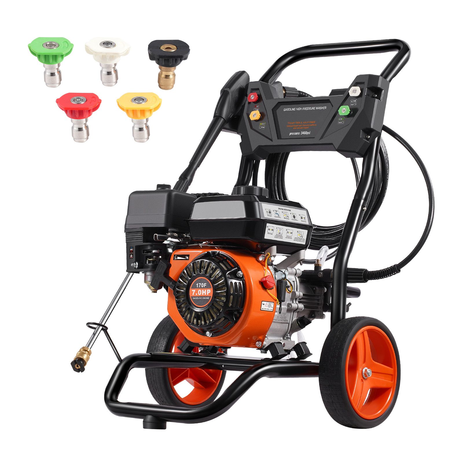 Benzin-hochdruckreiniger (3400 Psi), 2,6 Gpm, Aluminiumpumpe, Pistole Und Stiel, 5 Düsen, Für Auto, Zaun, Haus, Einfahrt, Terrasse, Vertikale Flächen