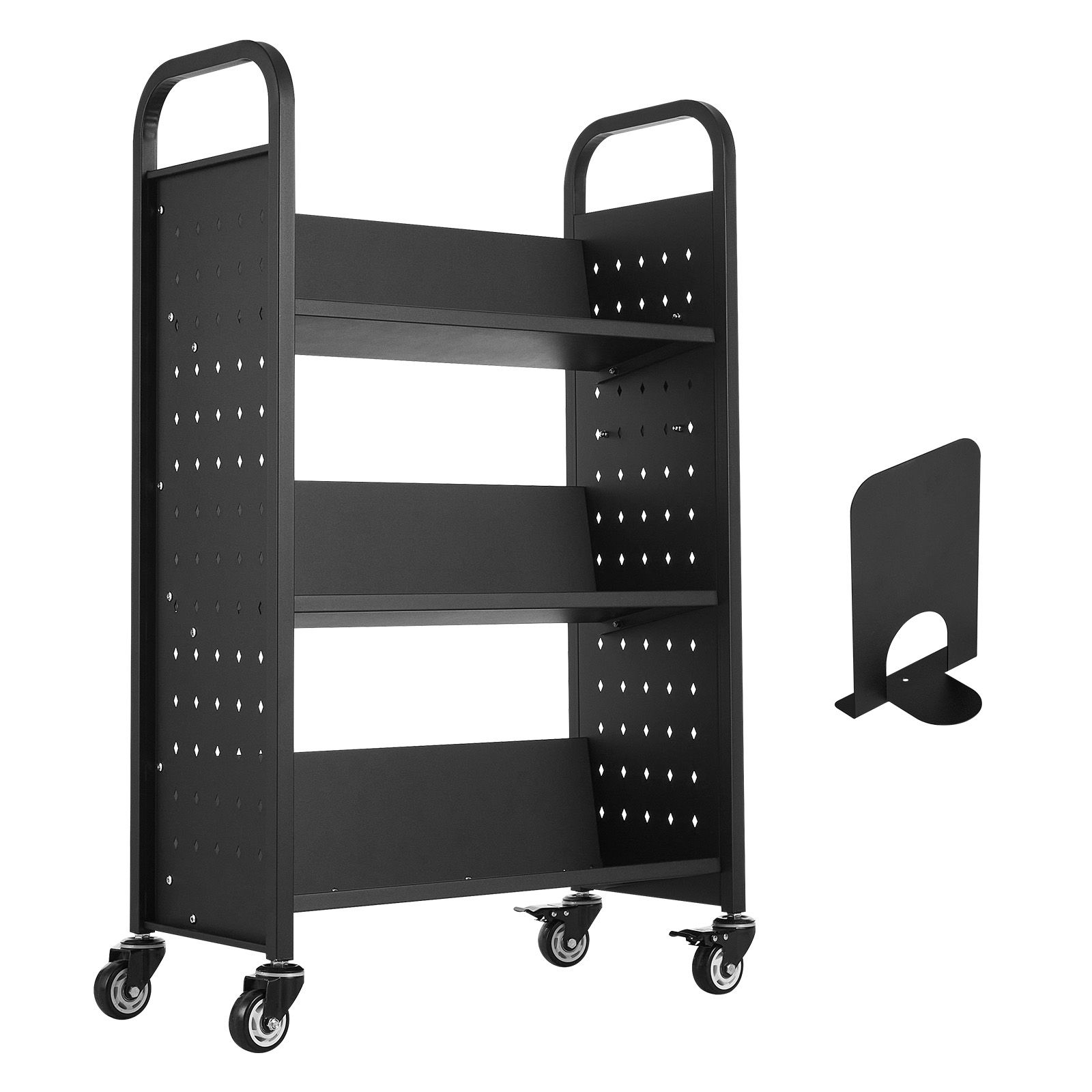 Rollbarer Bibliothekswagen, Tragkraft 150 Kg, 77 X 38 X 122 Cm, V-förmige Regalböden, 76,2 Mm Feststellbare Rollen, Für Den Privaten Und Gewerblichen Gebrauch, Schwarz.