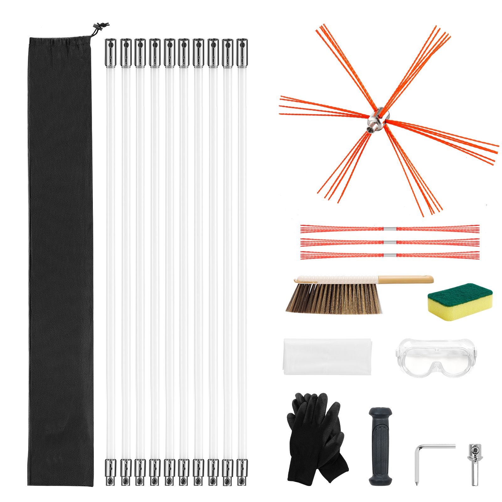 Schornsteinreinigungsset, 10 M Ausziehbar, Bürste Mit Ersatzteilen Und Schutzbrille, 90° Abgewinkeltes Werkzeug, Für Quadratische Und Rechteckige Schornsteine.