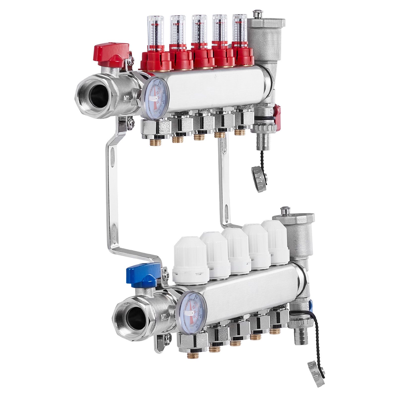 Verteiler Für Flächenheizung Mit 5 Ausgängen, Edelstahl, Für 1/2"-pex-rohre, Inklusive Adapter Für Hydraulische Fußbodenheizung.