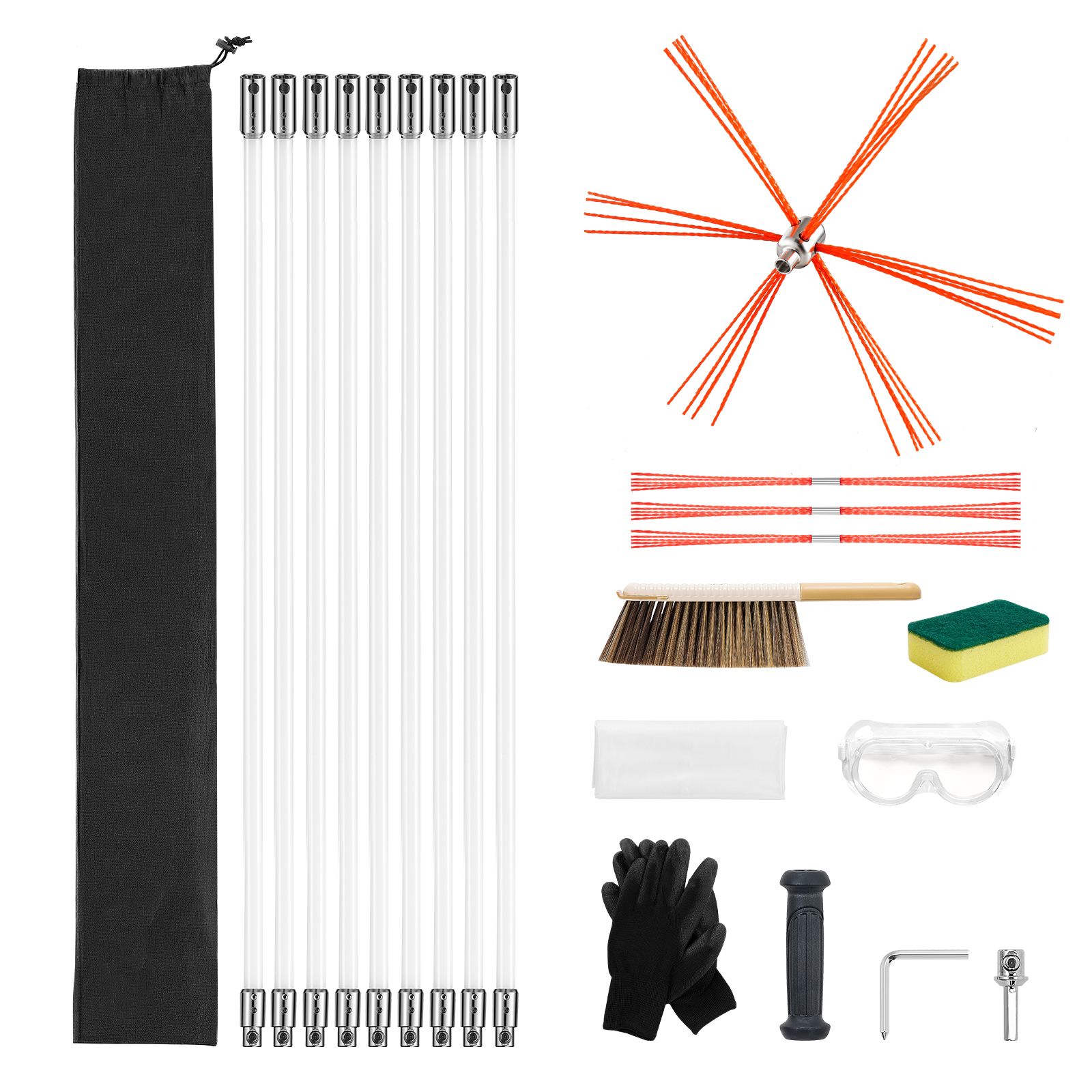 Schornsteinreinigung, 9 M Ausziehbare Stange, Schornsteinfeger-set Mit Ersatzbürsten Und Schutzbrille, 90°-winkelstück Für Quadratische Oder Rechteckige Schornsteine.