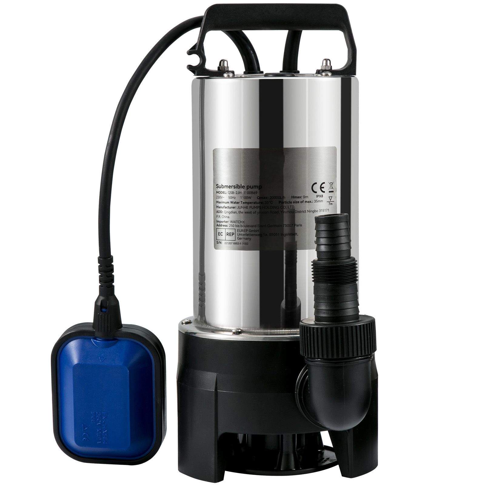 1100w Tauchpumpe, 20000 L/h, Mit Automatischem Schwimmer Und 10m Kabel, Edelstahl, Für Sauberes Oder Schmutziges Wasser, Entwässerung, Teiche Und Schwimmbecken.