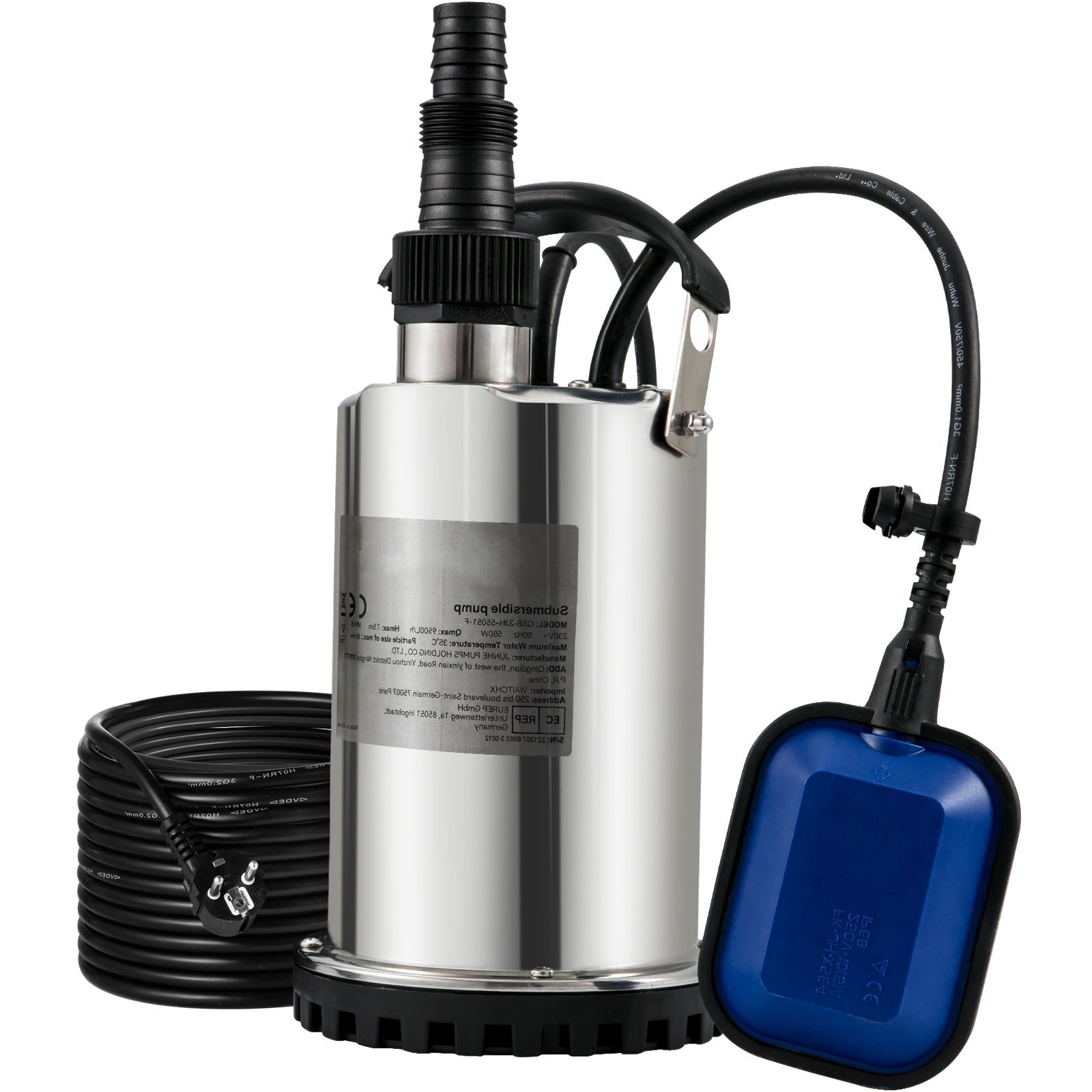 Tauchpumpe, 550 W, 9500 L/h, Mit Automatischem Schwimmer Und 10 M Kabel, Edelstahl, Für Kellerentwässerung, Schwimmbäder, Whirlpools Und Bewässerung.