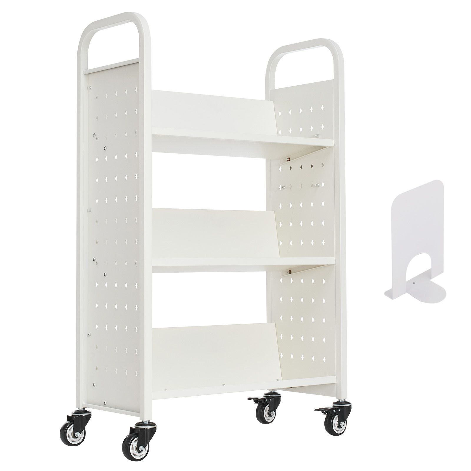 Rollbarer Bibliothekswagen, Tragkraft 150 Kg, 77 X 38 X 122 Cm, Einseitige V-förmige Regalböden, 76,2 Mm Feststellbare Rollen, Weiß, Für Büro, Schule Und Zuhause.