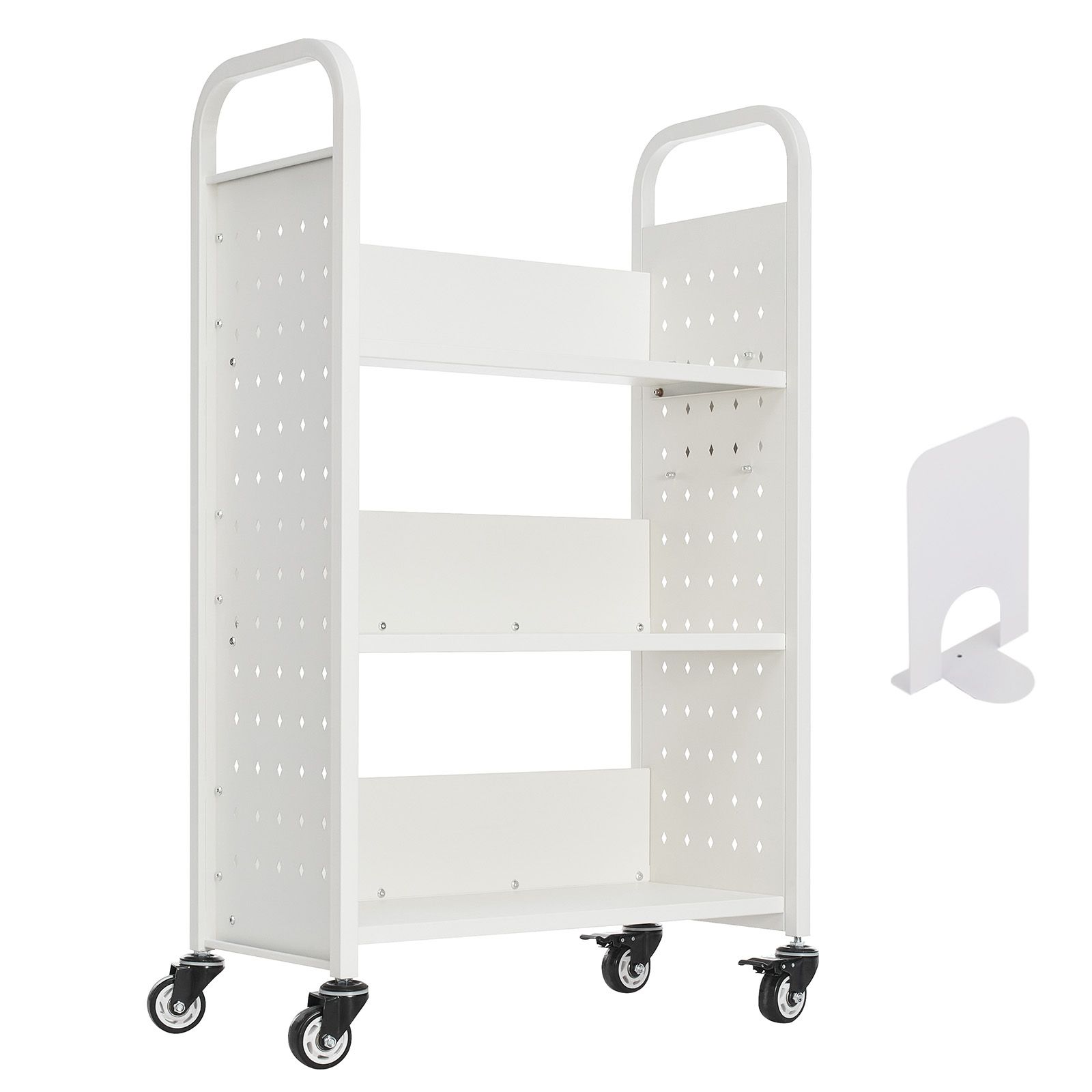 Rollbarer Bibliothekswagen, 150 Kg, 77 X 38 X 122 Cm, L-förmige Regalböden, Feststellbare Rollen, Weiß