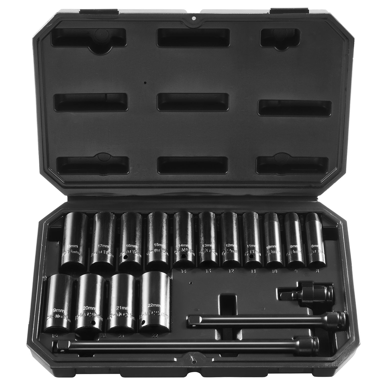 3/8"-schlagschrauber-steckschlüsselsatz, 18-teilig, Metrisch 8-22 Mm, Cr-v-stahl, 6-kant, Für Autoreparaturen, Gut Lesbare Markierungen, Aufbewahrungskoffer Inklusive.
