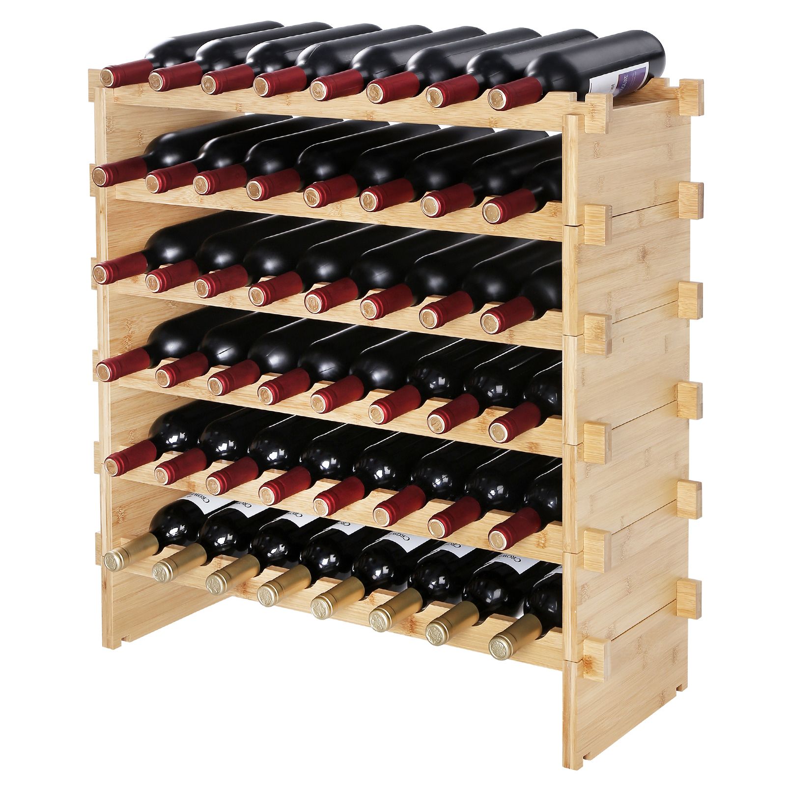 Modulares Weinregal Aus Bambus, 6 Ebenen, Stapelbar Für 48 Flaschen