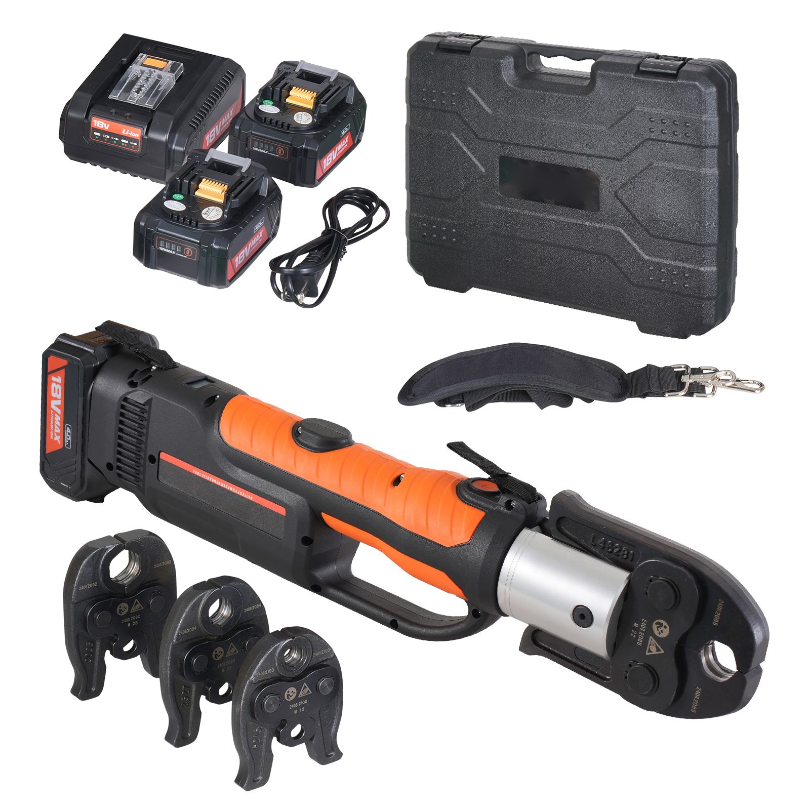 Professionelle Elektrische Crimpzange Mit M15-, M22- Und M28-backen, 18v 4,0ah-akkusatz (2 Stück), Schnellladegerät Und Tragekoffer.