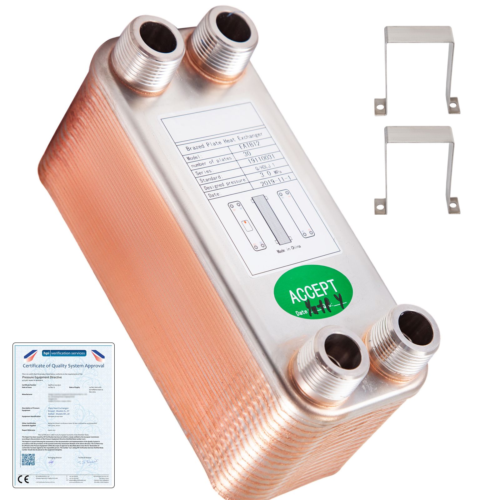 30-platten-löt-wärmetauscher, 3/4' Mnpt-anschlüsse, Edelstahl 316l, Für Warmwasserheizung Und -kühlung.