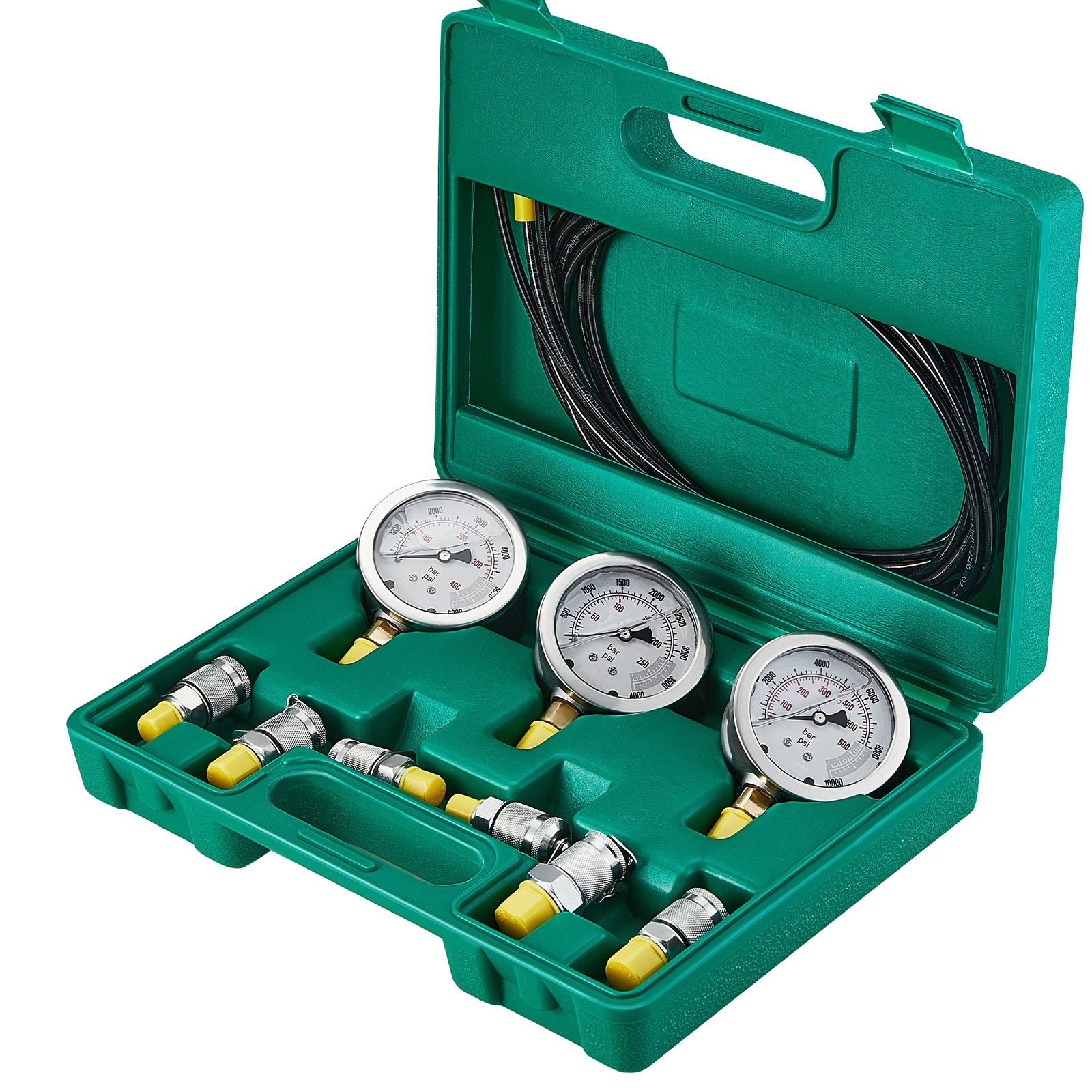 Hydraulik-druckprüfset 250/400/600 Bar, 3 Manometer, 6 Anschlüsse, 3 Schläuche, Mit Transportkoffer Für Bagger Und Baumaschinen
