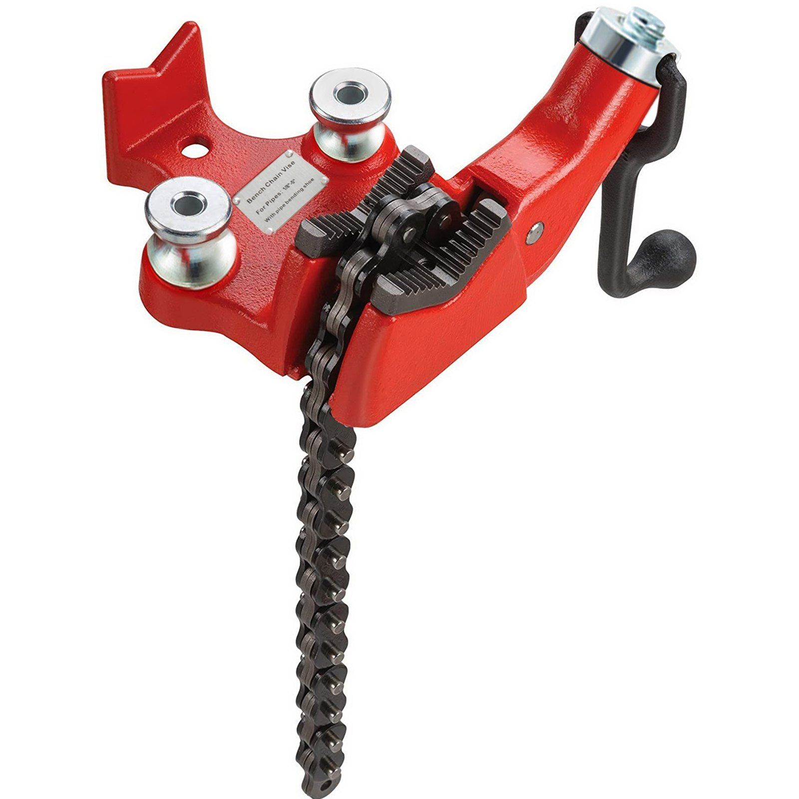 Kettenschraubstock Für Die Werkbank, Kapazität 1/8 Bis 5 Zoll, Neoprenbeschichtete Backen, Gusseisenkörper, Kurbelgriff, Ideal Für Verschiedene Rohre.