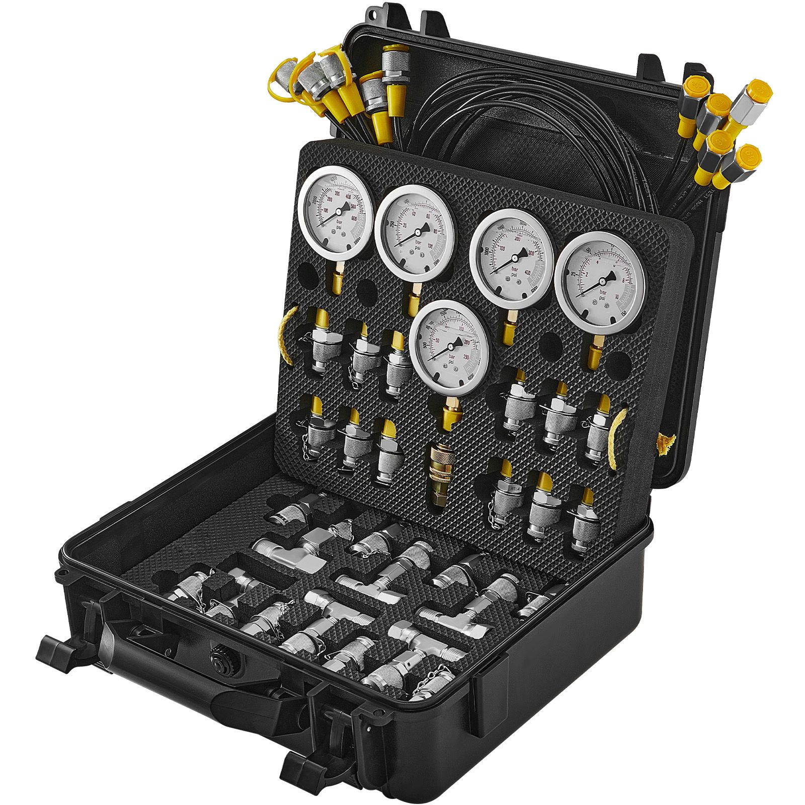 Hydraulischer Druckprüfsatz 10-600 Bar, 5 Manometer, 13 Verschraubungen, 14 T-stücke, 5 Schläuche, Mit Koffer, Für Bagger Und Maschinen.