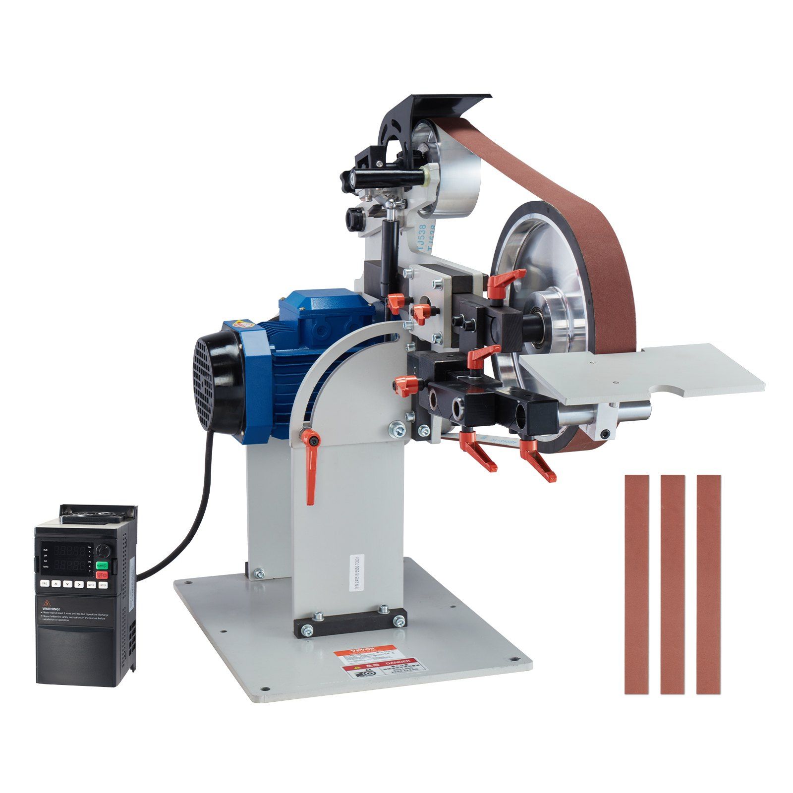 72x2 Zoll Bandschleifer, Variable Drehzahl Mit Vfd, 1500w, Messerschärfer Mit 3 Vorrichtungen Und 3 Schleifbändern, Für Die Metallurgie, Kompatibel Mit 72-82x2 Zoll Bändern.
