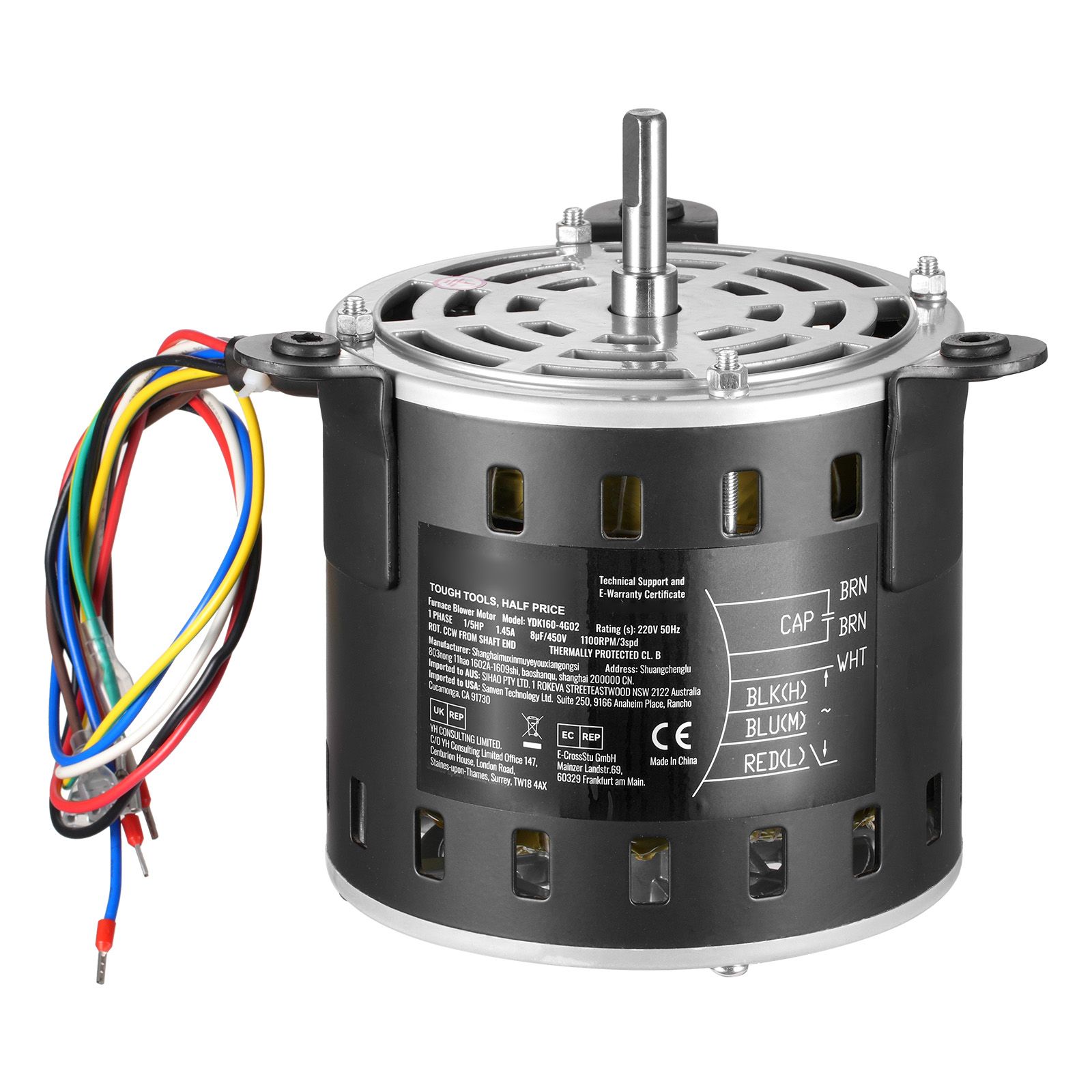 Gebläsemotor Für Heizungsanlagen, 1/5 Ps, 220 V, 1,45 A, 1100 U/min, 3 Geschwindigkeiten, 10 X 20 Mm Welle, Drehrichtung Gegen Den Uhrzeigersinn (ansichtsseite), Mit Cbb60 8 Μf/450 V Kondensator