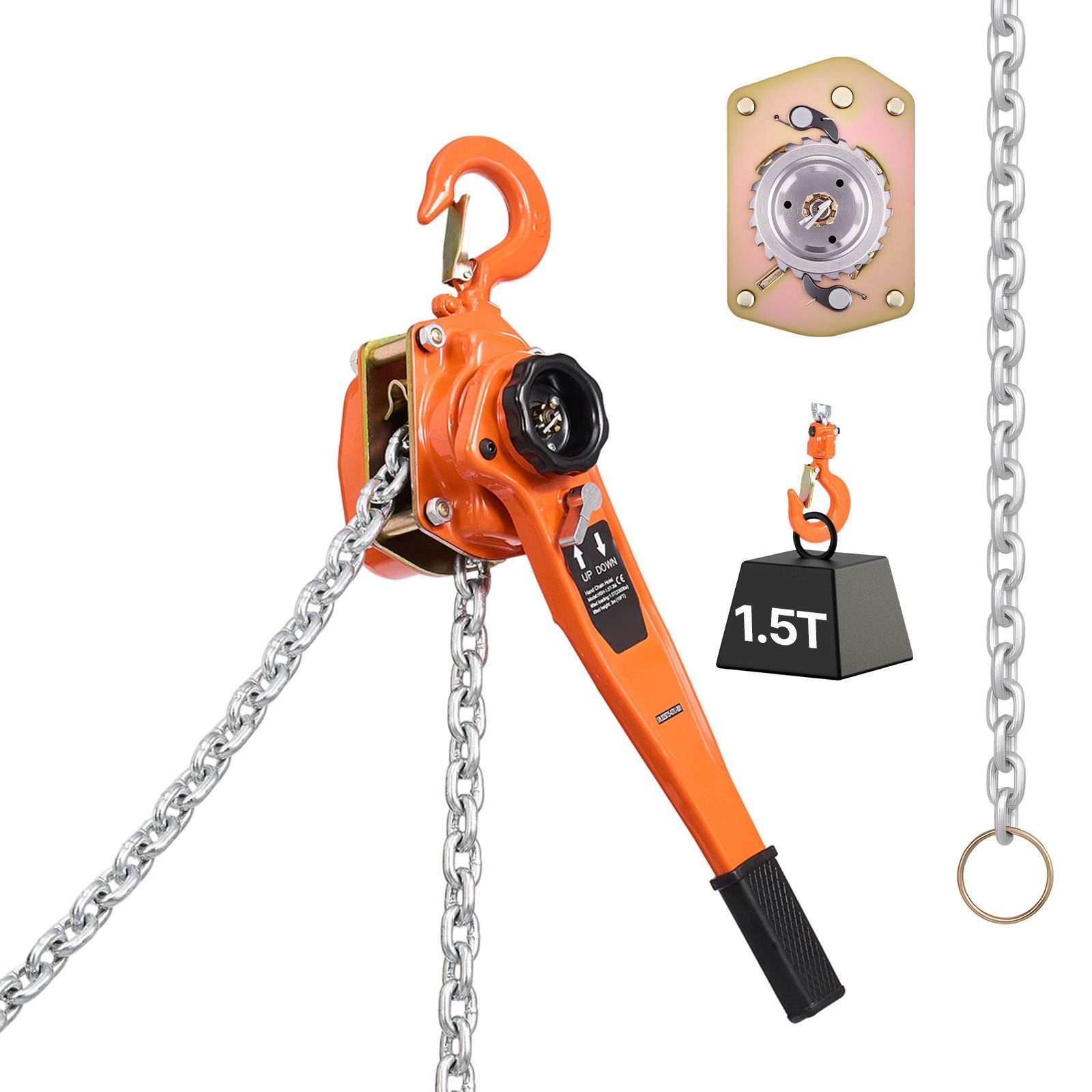 Handhebelzug, Tragfähigkeit 1500 Kg, Hubhöhe 6 M, Kette Aus G80-legierungsstahl, Mechanische Doppelratschenbremse, Um 360° Drehbare Haken