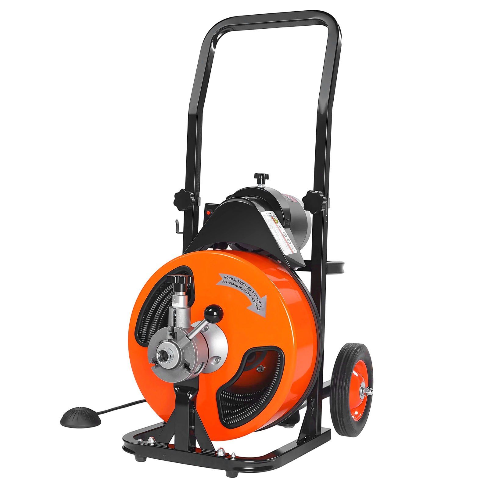 Rohrreinigungsmaschine 30 M X 9,5 Mm, Elektrische Spirale Auf Rädern, Mit 4 Schaufeln Und Pneumatischem Fußpedal Für Rohre Mit 50–100 Mm Durchmesser.