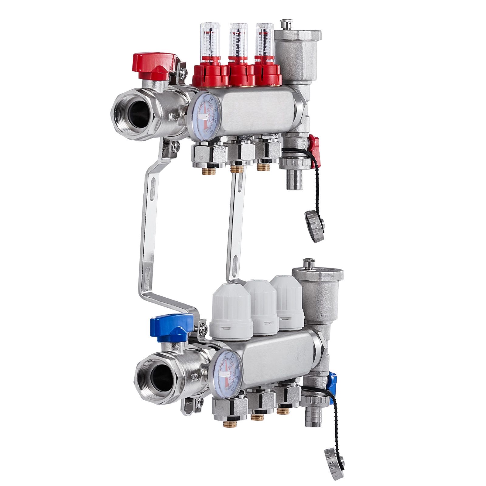 Strahlungswärmekollektor Mit 3 Ausgängen, Aus Edelstahl, Für 1/2"-pex-rohr, Komplettes Set Mit Adaptern, Für Wasserführende Fußbodenheizung.