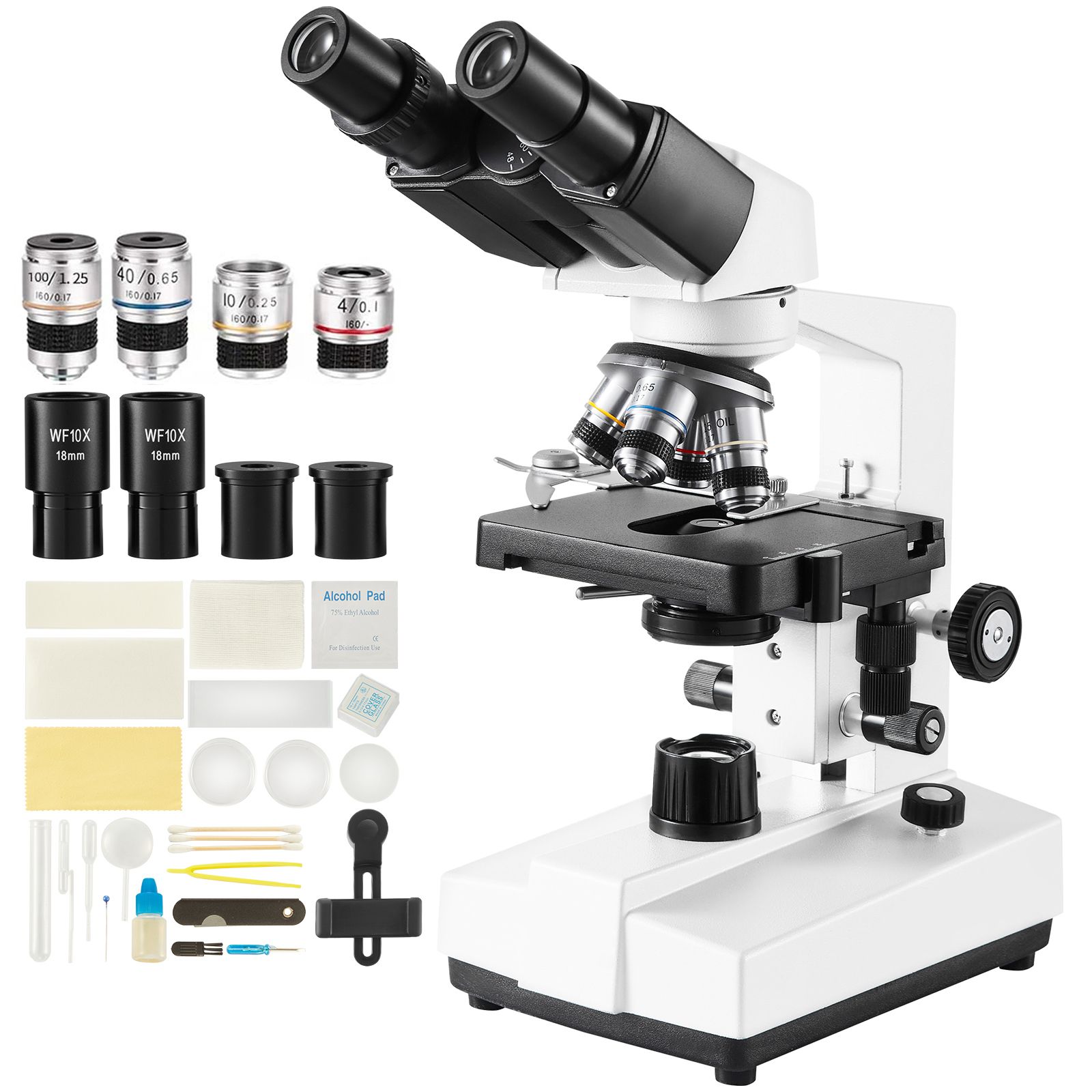 Professionelles Binokularmikroskop 40x-2500x, Led-beleuchtung, Zweistufiger Mechanischer Objekttisch, Smartphone-halterung Und Objektträger Inklusive