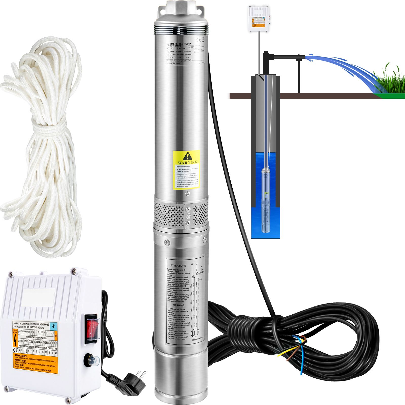 Tieftauchpumpe 1100w 230v, Fördermenge 190l/min, Förderhöhe 57m, Kabellänge 20m, Außengehäuse, Edelstahl, Schutzart Ip68, Für Industrie, Bewässerung Und Hausgebrauch.