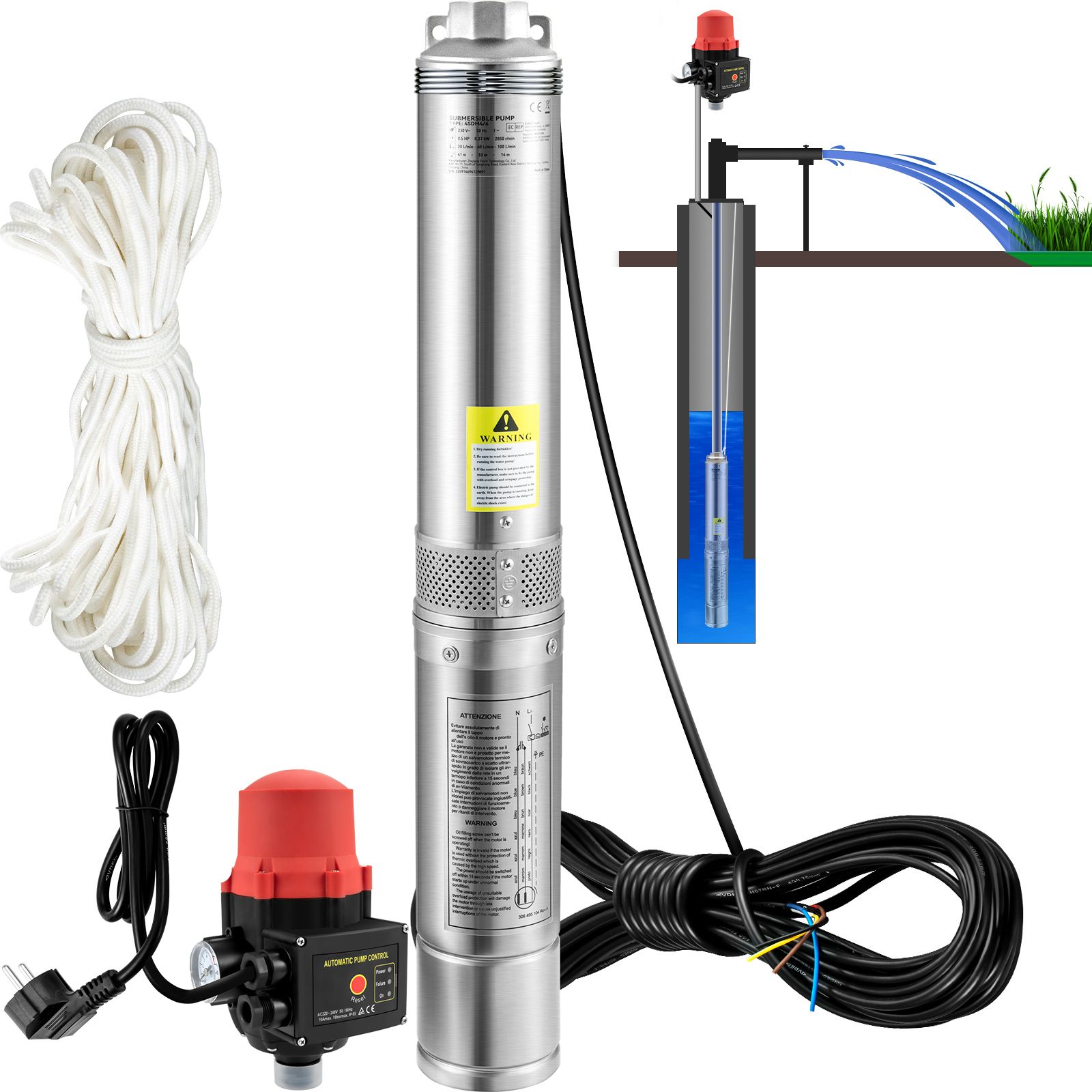 Tauchpumpe Für Brunnen, 550 W, 230 V/50 Hz, 50 L/min, 89 M Förderhöhe, 20 M Kabel, Automatischer Schalter, 8,2 Cm Edelstahl, Ip68, Für Industrie, Bewässerung Und Haushalt.