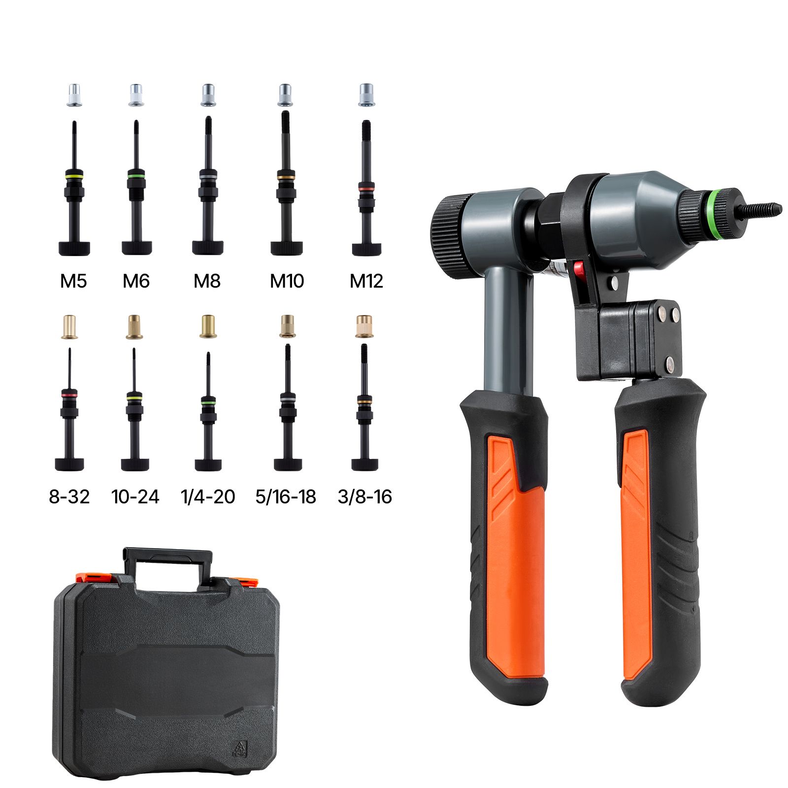 Nietmuttern-set, 210 Mm Ratschenwerkzeug, Mit 10 Dornen Und 100 Muttern, Metrische Und Sae-größen (m5-m12, 8-32 Bis 3/8-16 Unc), Robuster Koffer Inklusive.