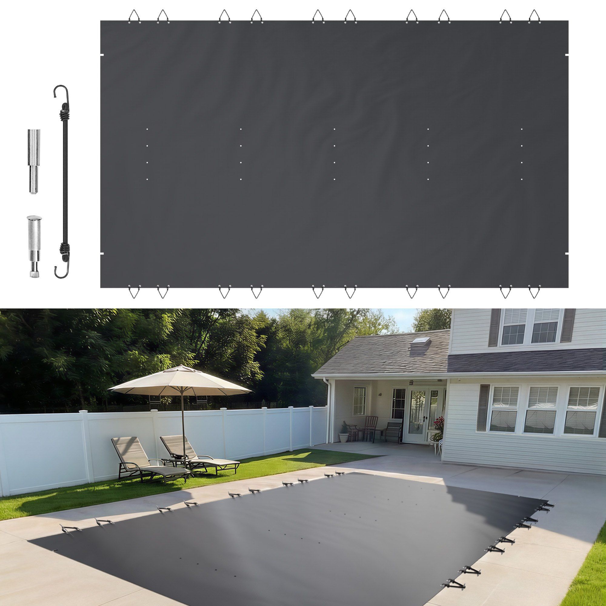 Sicherheitsabdeckung Für 4x7 M Schwimmbecken, Anthrazitfarbenes Pvc, Rechteckige Winterabdeckung, Robuster Schutz Für Eingelassene Schwimmbecken.