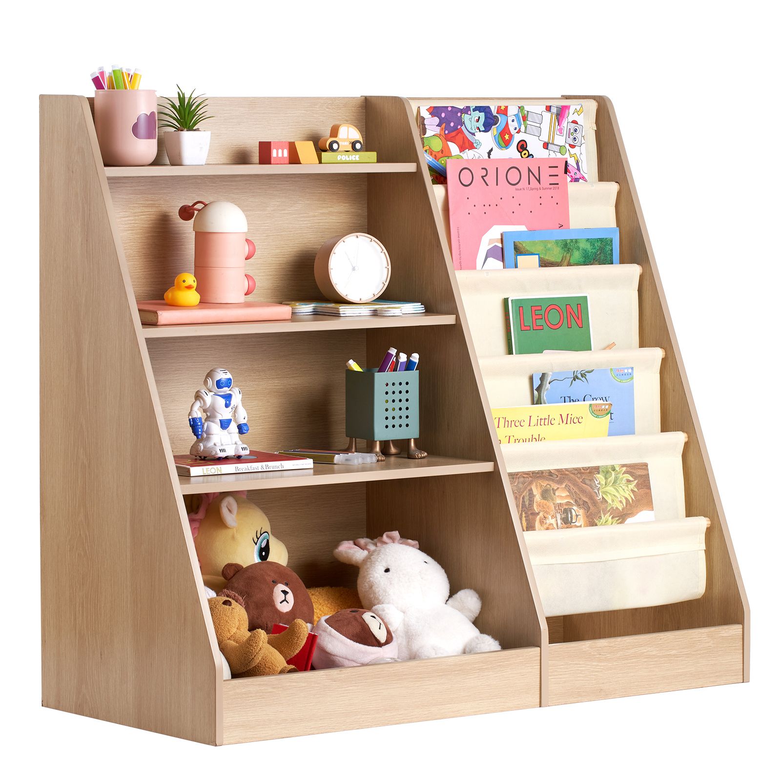 Holzbücherregal Für Kinder, 4 Ebenen, Mit 6 Stofftaschen, Aufbewahrung Für Bücher Und Spielzeug, Ideal Für Schlafzimmer, Spielzimmer Und Kinderzimmer.