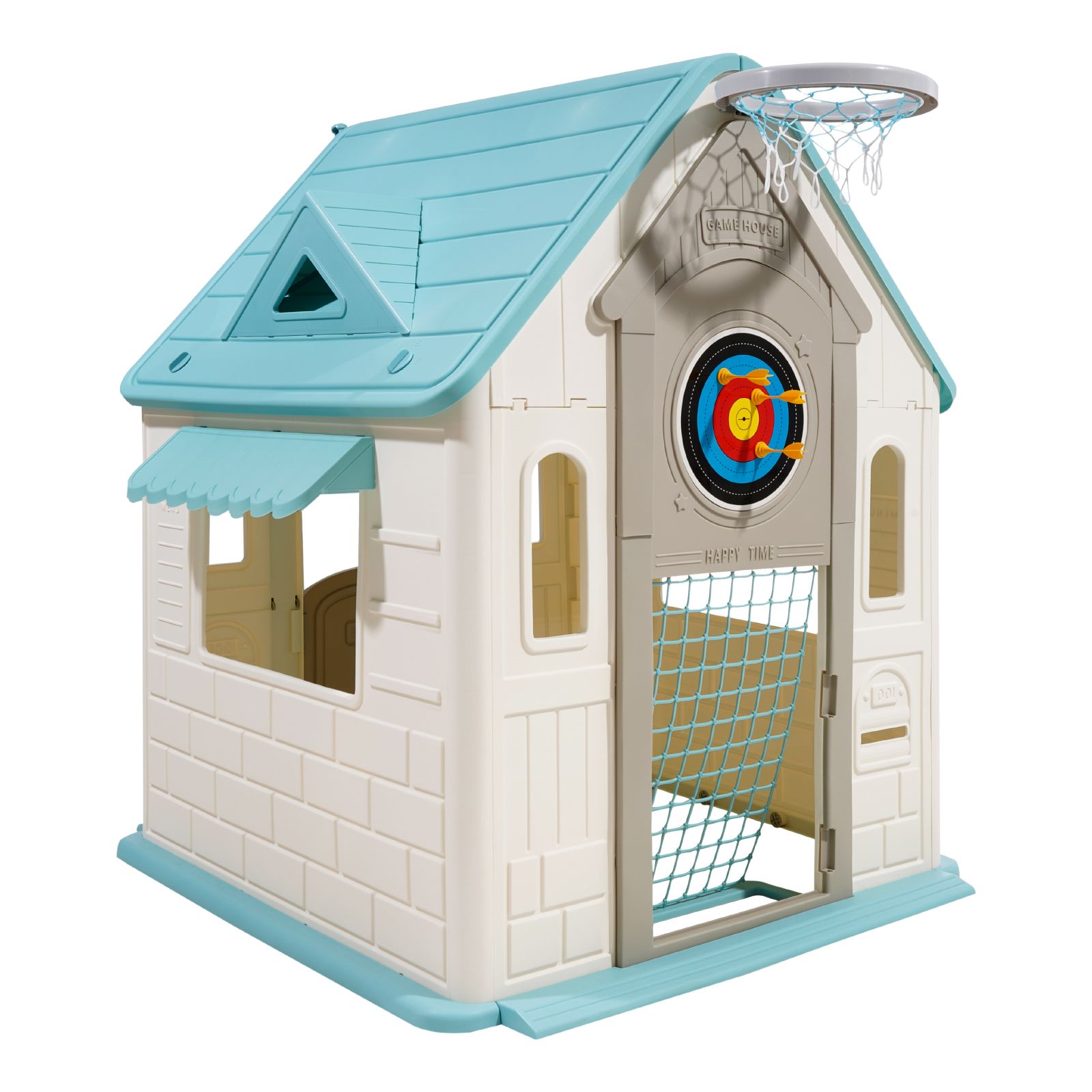 5-in-1-spielhaus Für Draußen Mit Basketballkorb, Dartscheibe, Fußball, Ringen, Fenster Und Praktischer Tür. Rutsche Für Kinder Ab 2 Jahren, Glatte Kanten, Polypropylen.