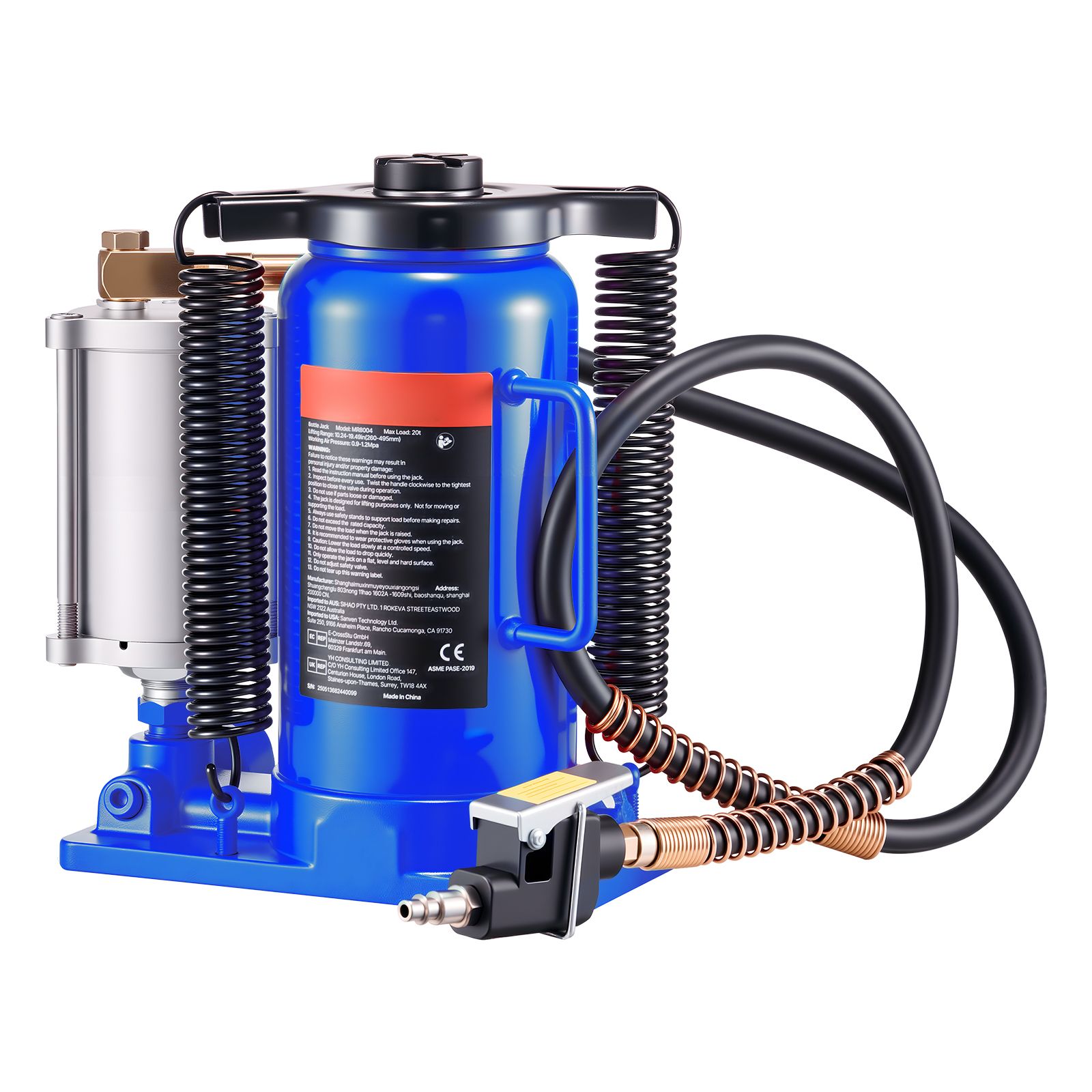 20t Pneumatischer Hydraulikheber, Hubhöhe 260-495 Mm, Robuster Geschweißter Flaschenheber, Manuelle/pneumatische Pumpe, Für Pkw, Lkw, Suv, Werkstatt, Heimwerkerbedarf, Blau.