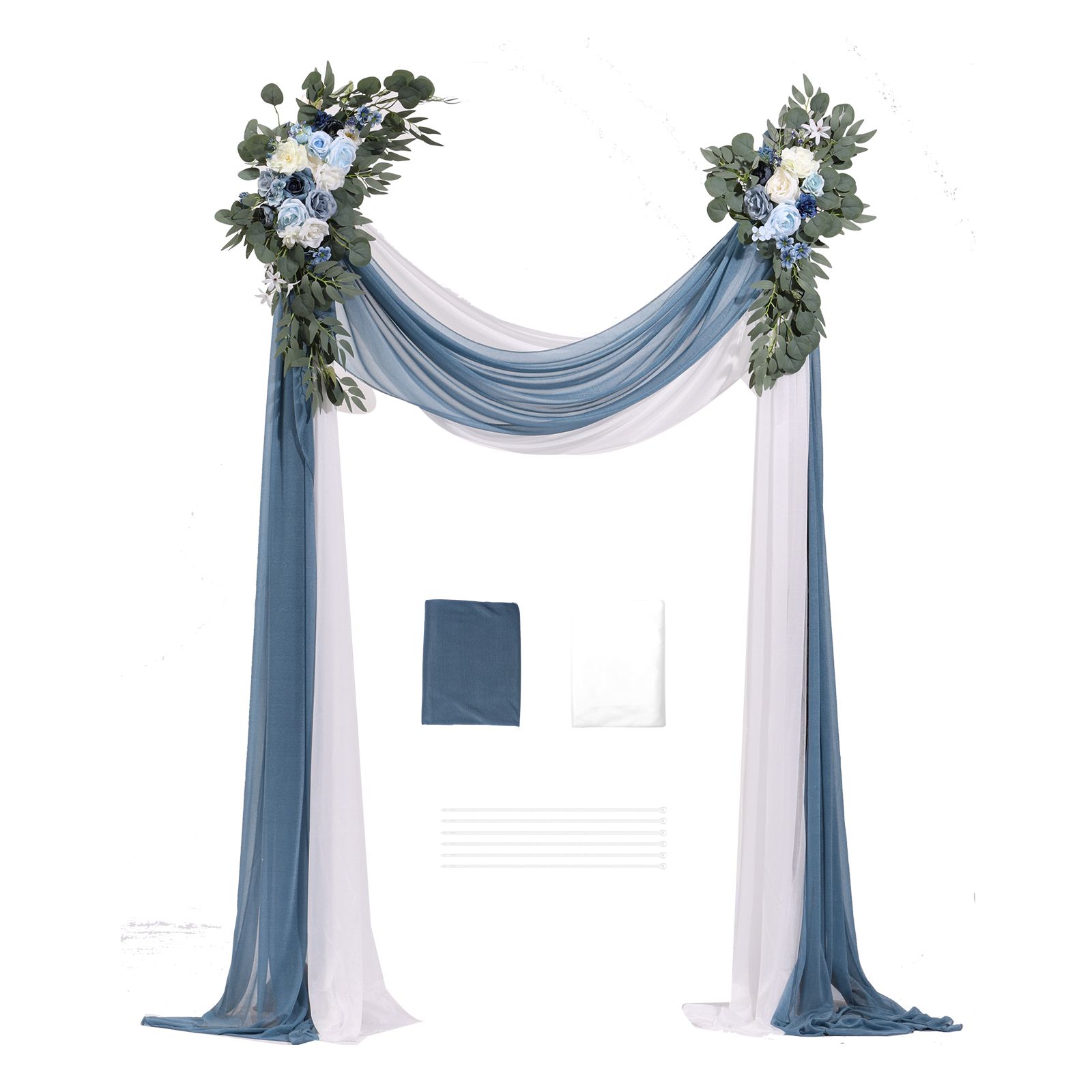 Blaues Hochzeitsbogen-blumen-set, 4-teilig – 2 Blumenarrangements, 2 Transparente Vorhänge, Dekoration Für Zeremonie Und Empfang