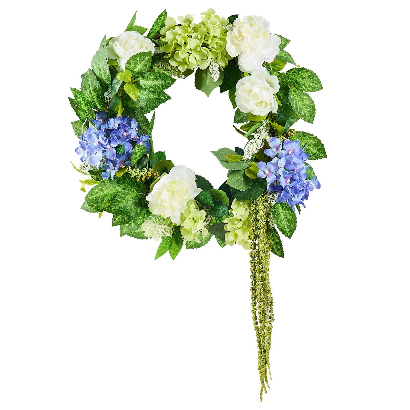 Künstlicher Dekokranz, 23 Cm, Blau-weiß-grün, Verziert Mit Hortensien, Rosen, Beeren Und Ranken, Für Alle Jahreszeiten, Drinnen Und Draußen, Für Wand, Fenster, Party.