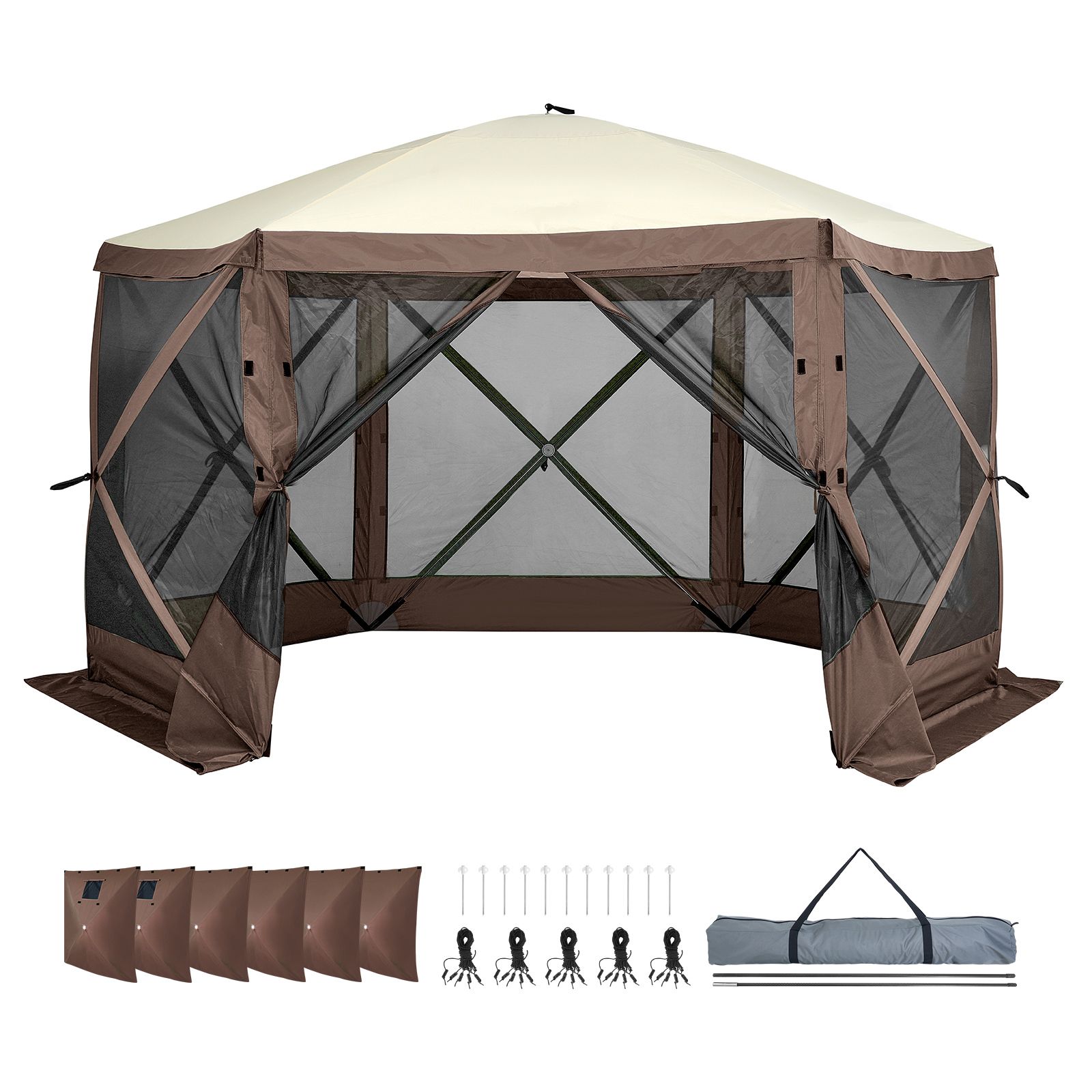 Zusammenklappbares 6-teiliges Gartenzelt Mit Moskitonetz, 12,5 X 12,5 Fuß, Sonnensegel Mit 6 Abnehmbaren Winddichten Wänden Und Netzfenstern, Braun.