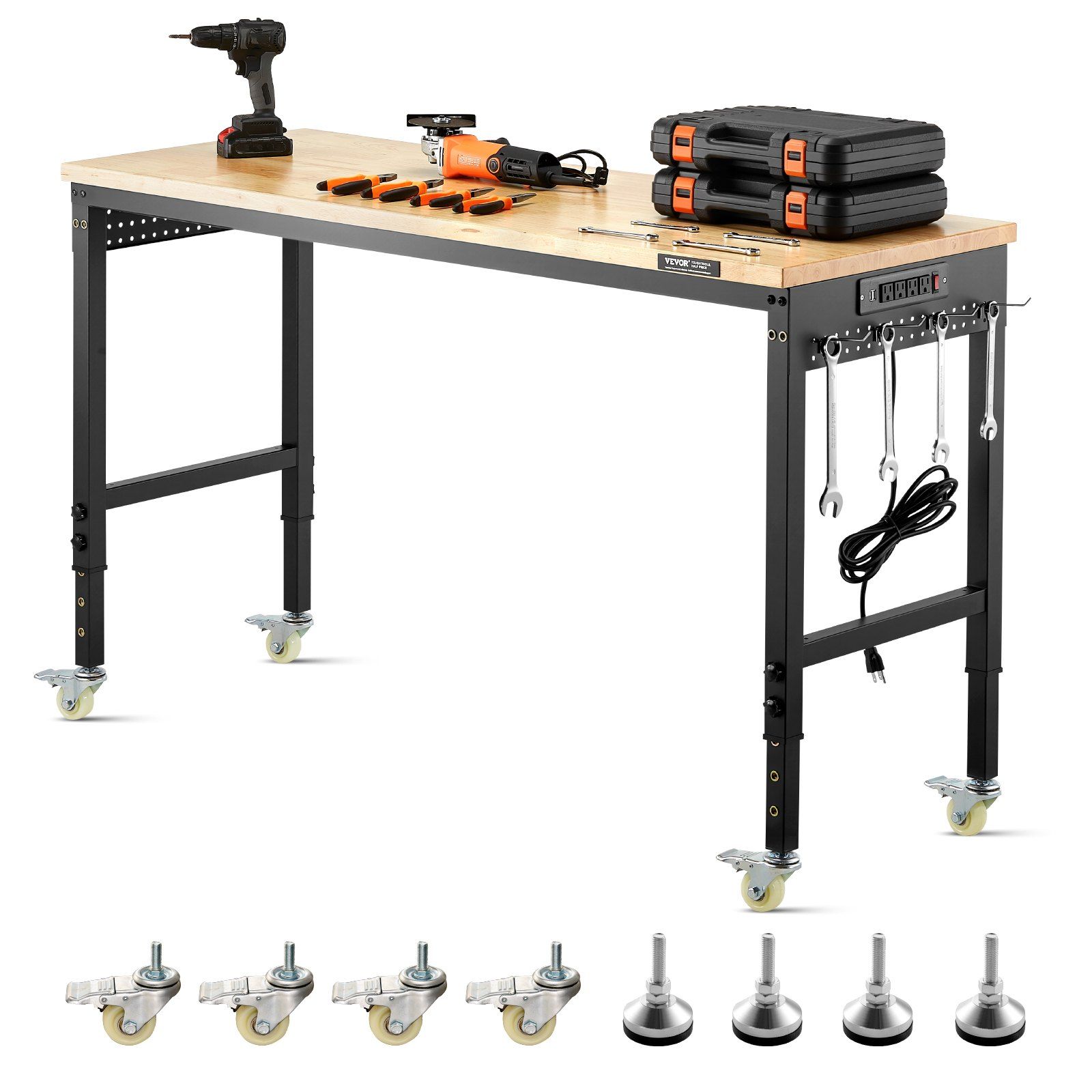 Verstellbare Werkbank 1524 Mm, Belastbarkeit 907 Kg, Mit Steckdose, Rollen Und Lochplatte, Massive Eichenplatte Für Garage, Werkstatt, Büro Und Zuhause.