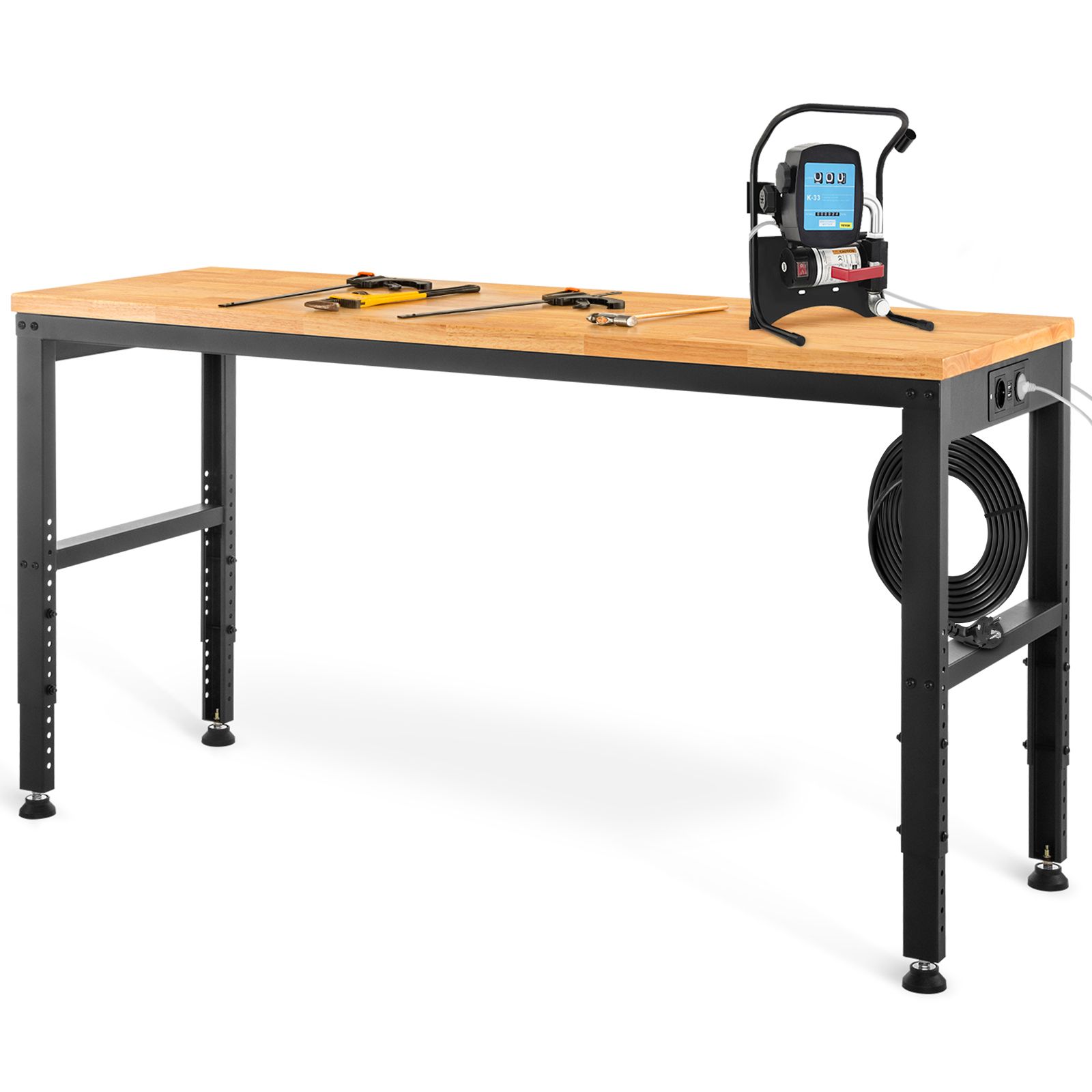 Höhenverstellbare Werkbank, 122 X 61 Cm, Hartholzplatte, Metallrahmen, Tragkraft 900 Kg, Mit Steckdosen Und Rutschfesten Füßen, Für Garage, Büro Oder Zuhause.