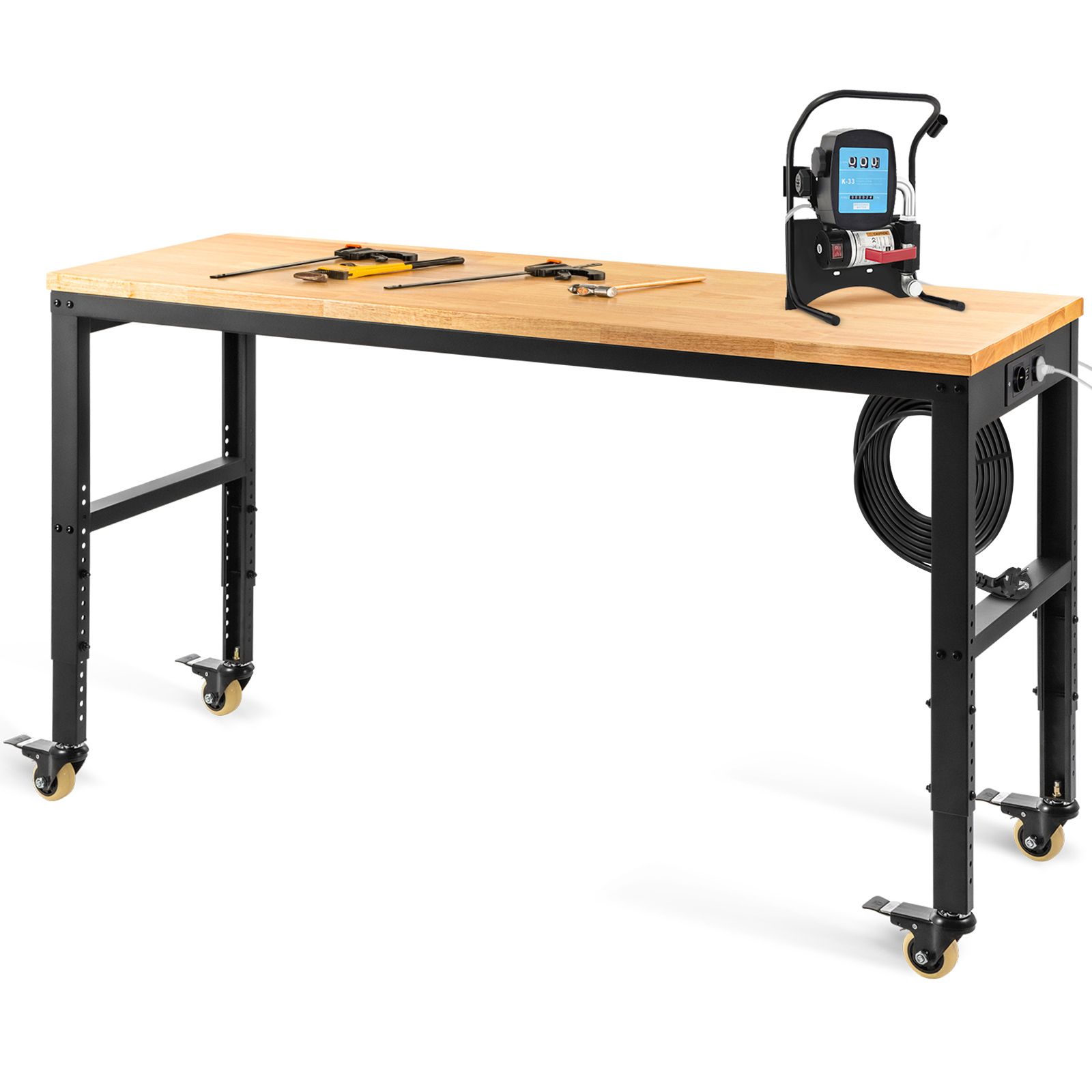 Höhenverstellbarer Werkstatttisch, 122 X 61 Cm, Massivholzplatte, Metallgestell, 720 Kg, Mit Steckdosen Und Lenkrollen. Höhenverstellbar Von 79 Bis 104 Cm.