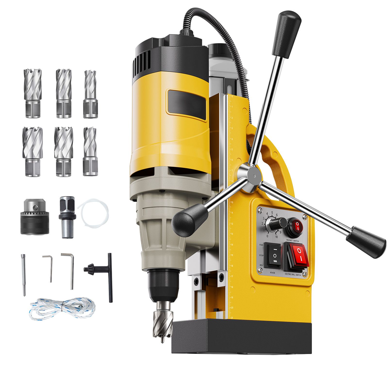 Magnetbohrmaschine Mit 1400 W Leistung, 2" Bohrdurchmesser, 2878 Lbf Kraft, Mit 6 Kernbohrern, Variabler Drehzahl, Für Metall, Für Profis Und Heimwerker, Gelb.