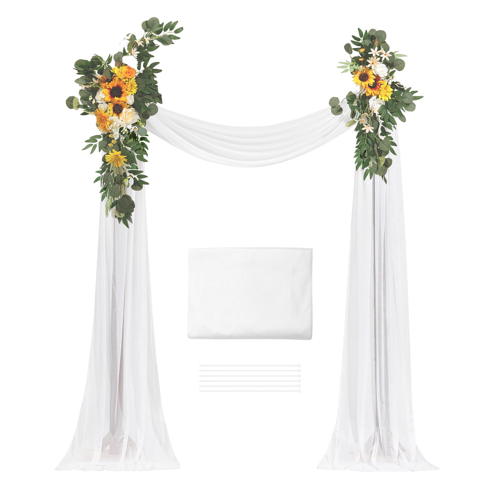 Hochzeitsbogen-blumen-set, Gelb, Mit Vorhängen (3-teilig) – 2 Blumenarrangements, 1 Schleier, Für Zeremonie, Brautstrauß, Empfang, Hintergrunddekoration