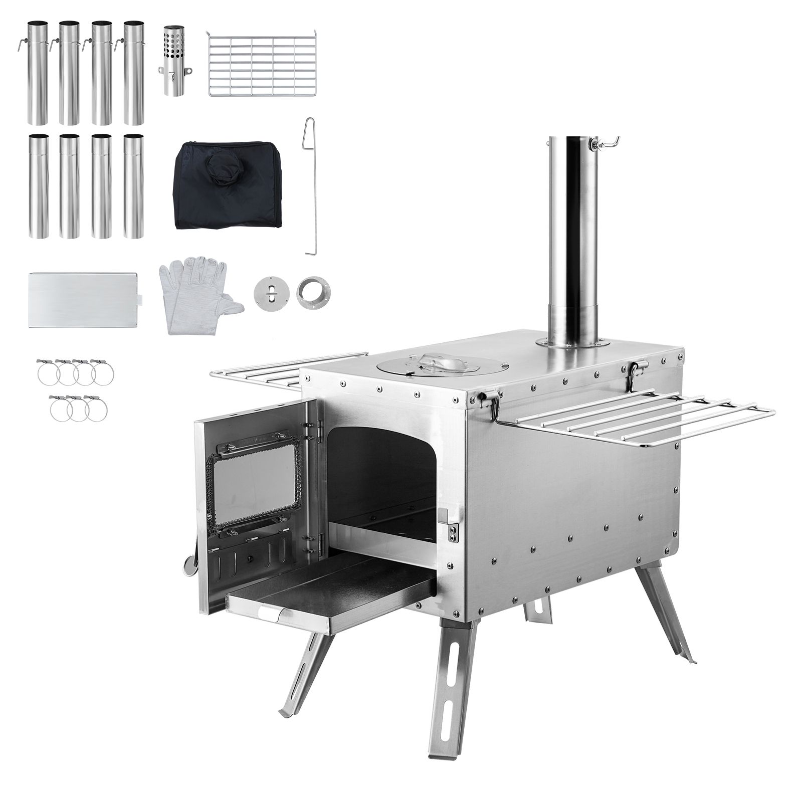 Camping-holzofen 218,44 Cm, Edelstahl, Mit Rauchrohr Und Handschuhen, Brennkammer 49x16,3 Cm, 8 Rohre, Zum Heizen Und Kochen Im Freien.