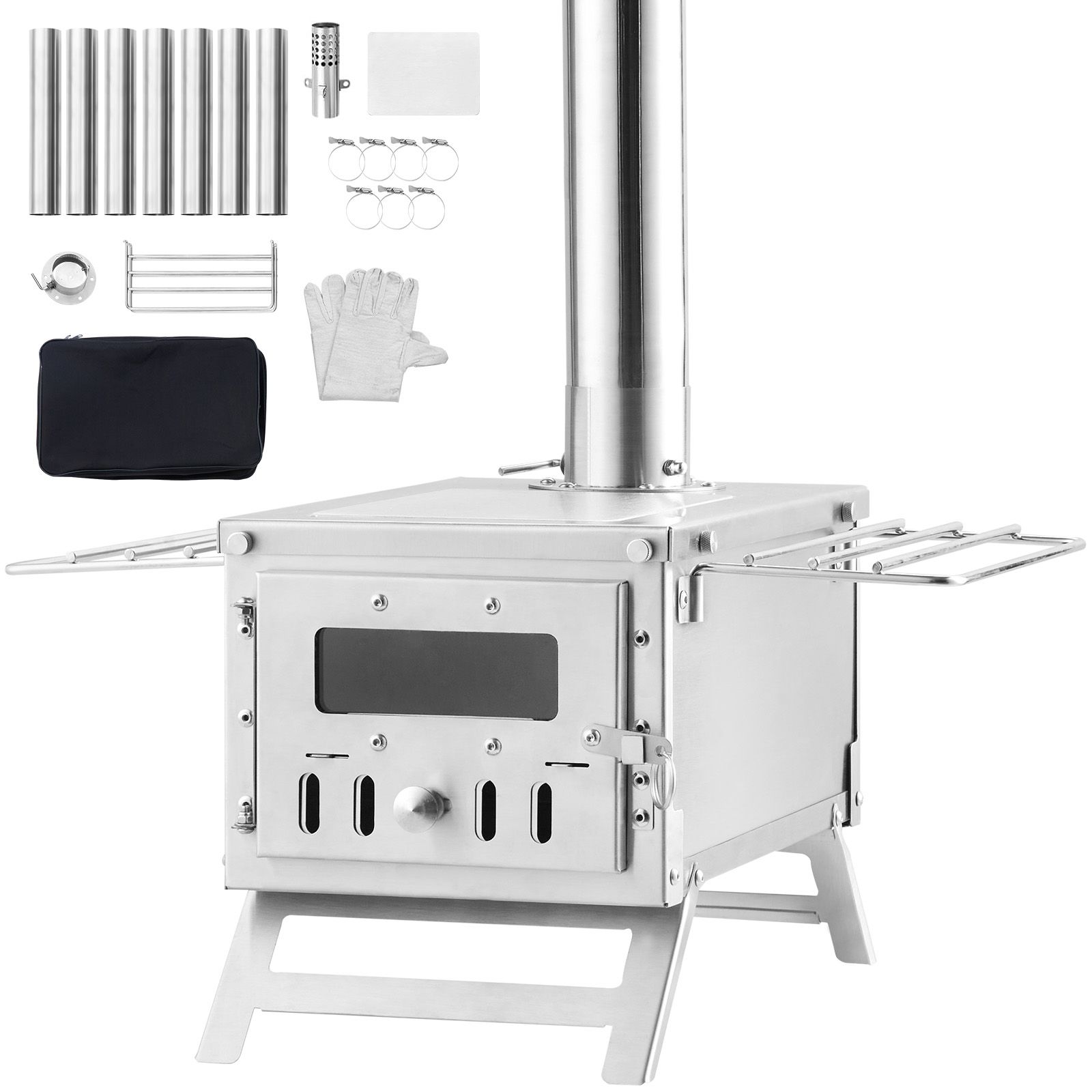 Edelstahl-holzofen, 203,20 Cm, Für Campingzelte, Tragbar Mit Kamin Und Handschuhen, 11471 Cm³ Brennraum, 8 Rohre, Zum Kochen Und Heizen Im Freien.