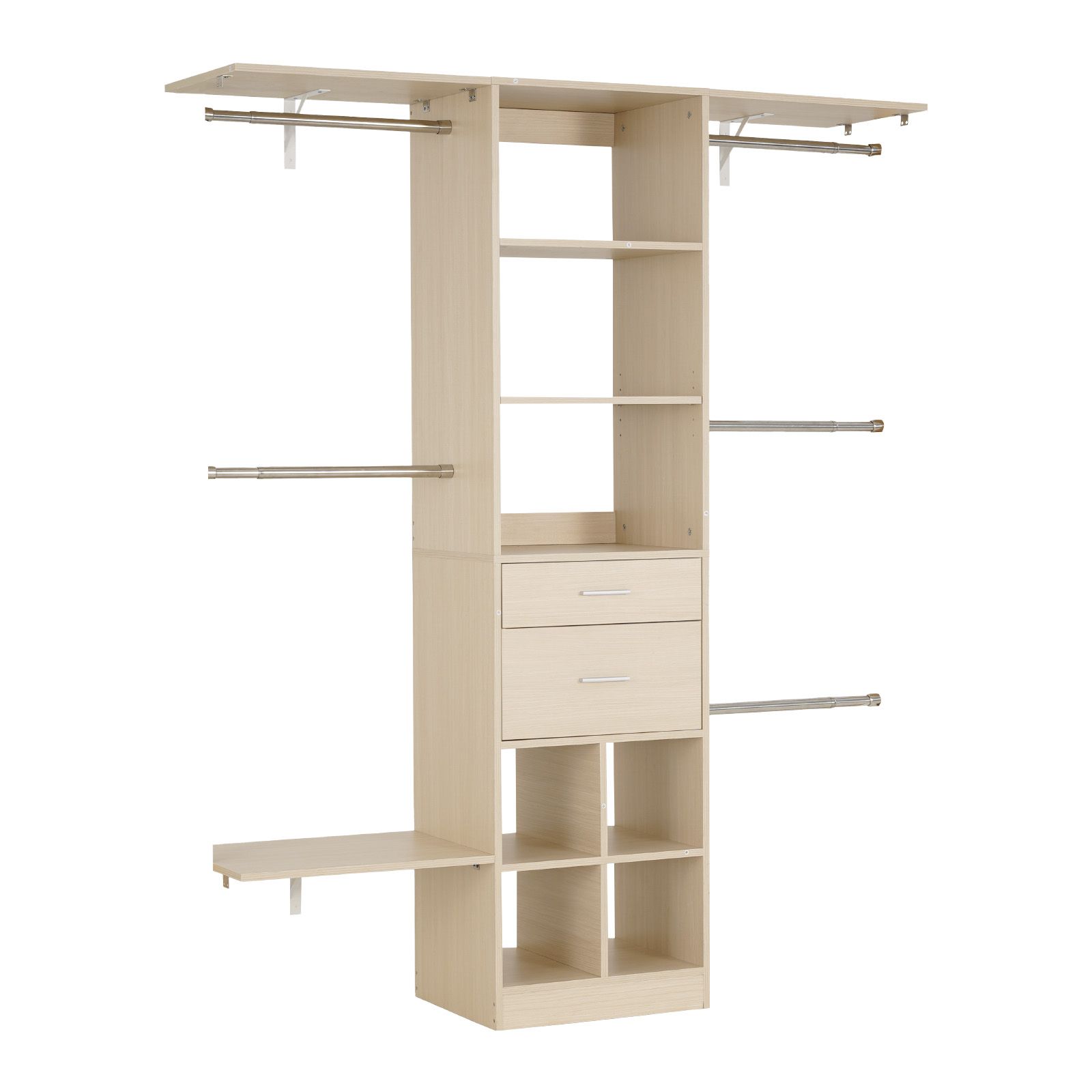 Aufbewahrungssystem Mit 2 Schubladen, Höhenverstellbarem Holzorganizer, Modernem Kleiderschrank Mit 5 Ausziehbaren Kleiderstangen, Freistehendem Kleiderständer, Grau.