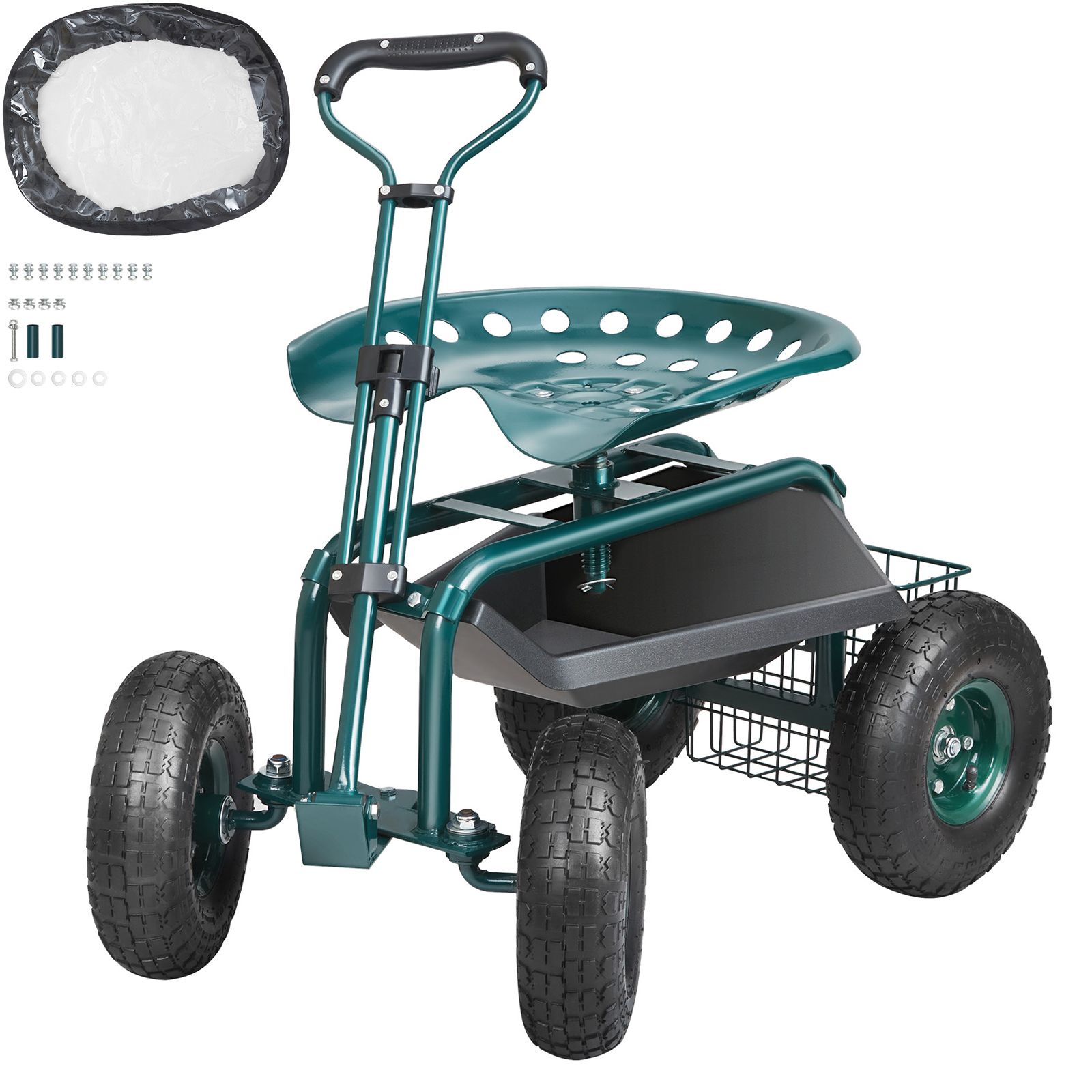 Rollbarer Gartenwagen Mit 360° Drehbarem Sitz, Pflanzhocker, Lenkgriff Und Werkzeugablage, Für Terrasse, Garten Und Außenbereich, Grün