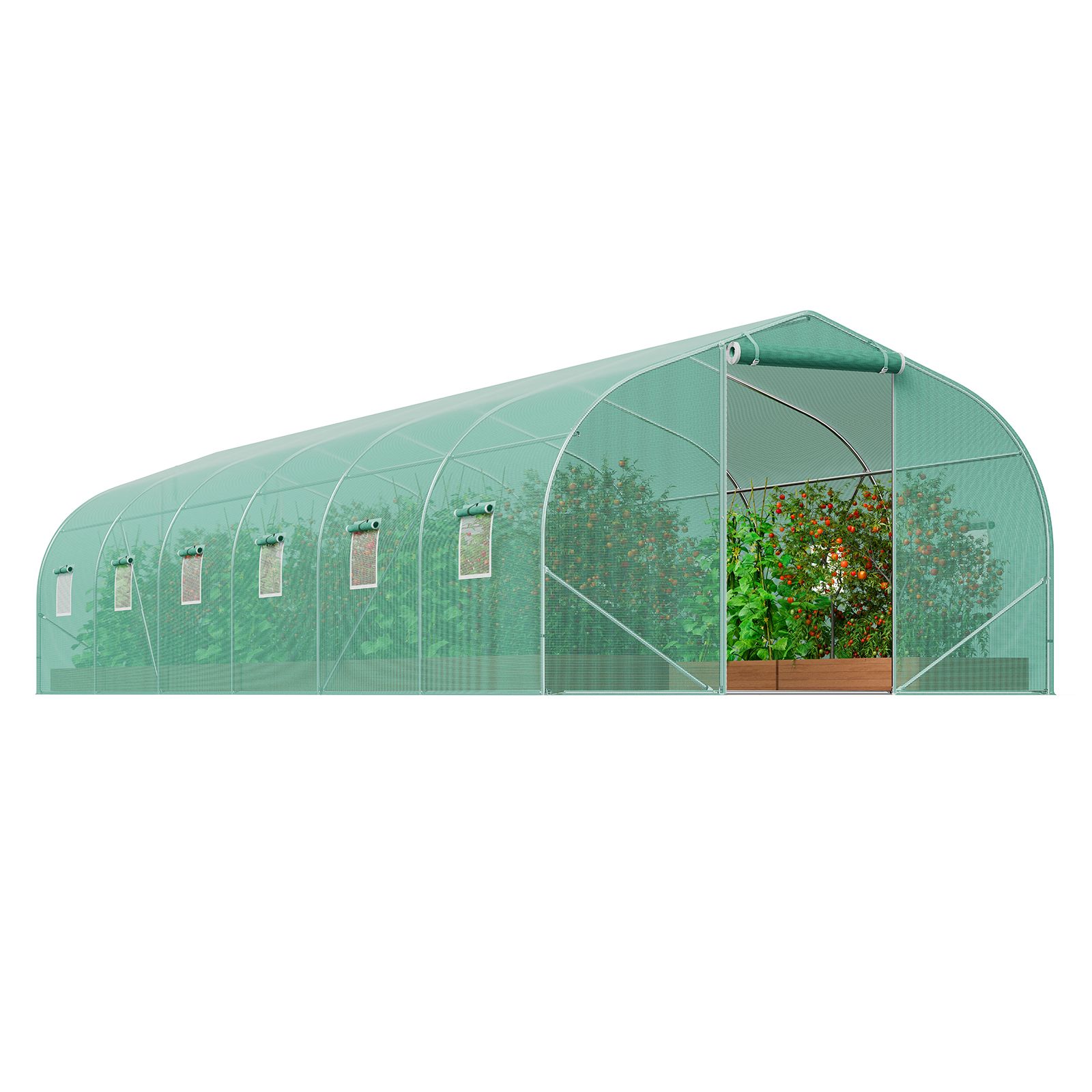 Tunnelgewächshaus Auf Beinen, 9x3x2 M, Verzinkte Stahlbögen, Grüne Pe-plane, Tür Mit Reißverschluss Und 12 Fenster, Für Den Garten Im Freien.
