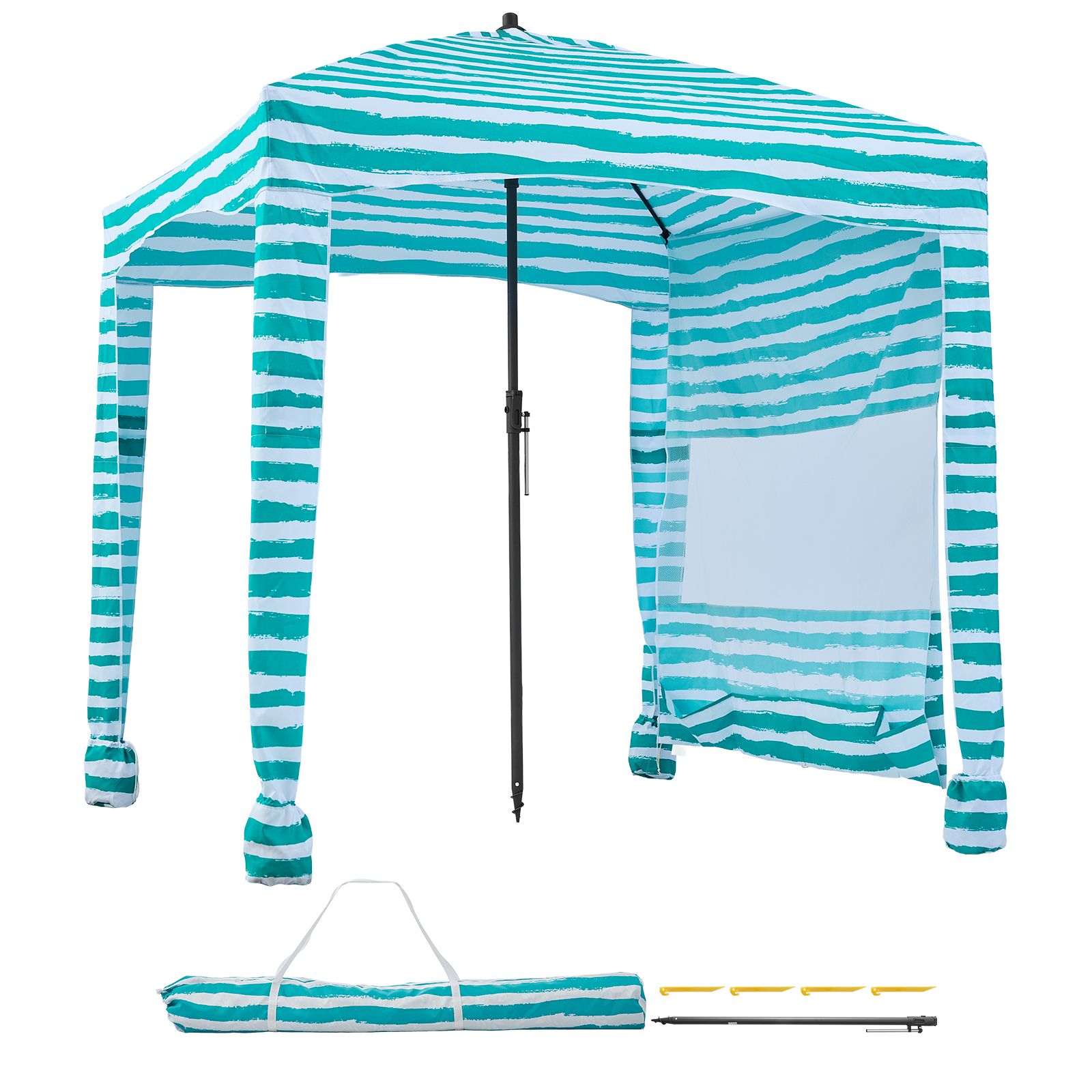 Strandhütte 1,83 X 1,83 M, Windschutz Mit Seitenwand, Uv-schutz 50+, Einfache Montage, Sandsäcke, Tragbarer Unterschlupf Für Familie Und Freunde, Grüne Streifen