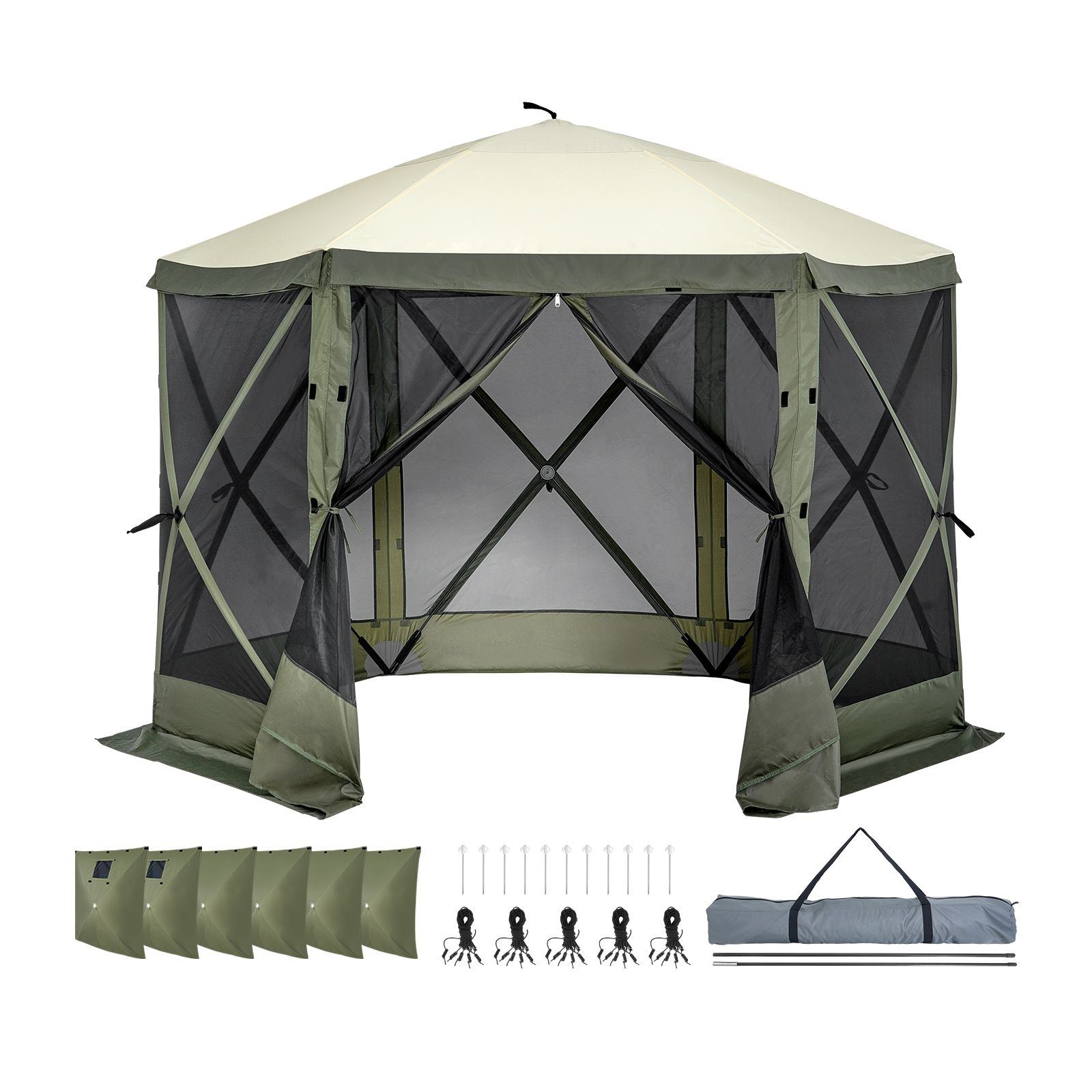 6-seitiges Pop-up-pavillonzelt 3 X 3 M Mit Moskitonetzen Und Abnehmbaren Seitenwänden, Schnell Aufzubauender Sonnenschutz, Armeegrün