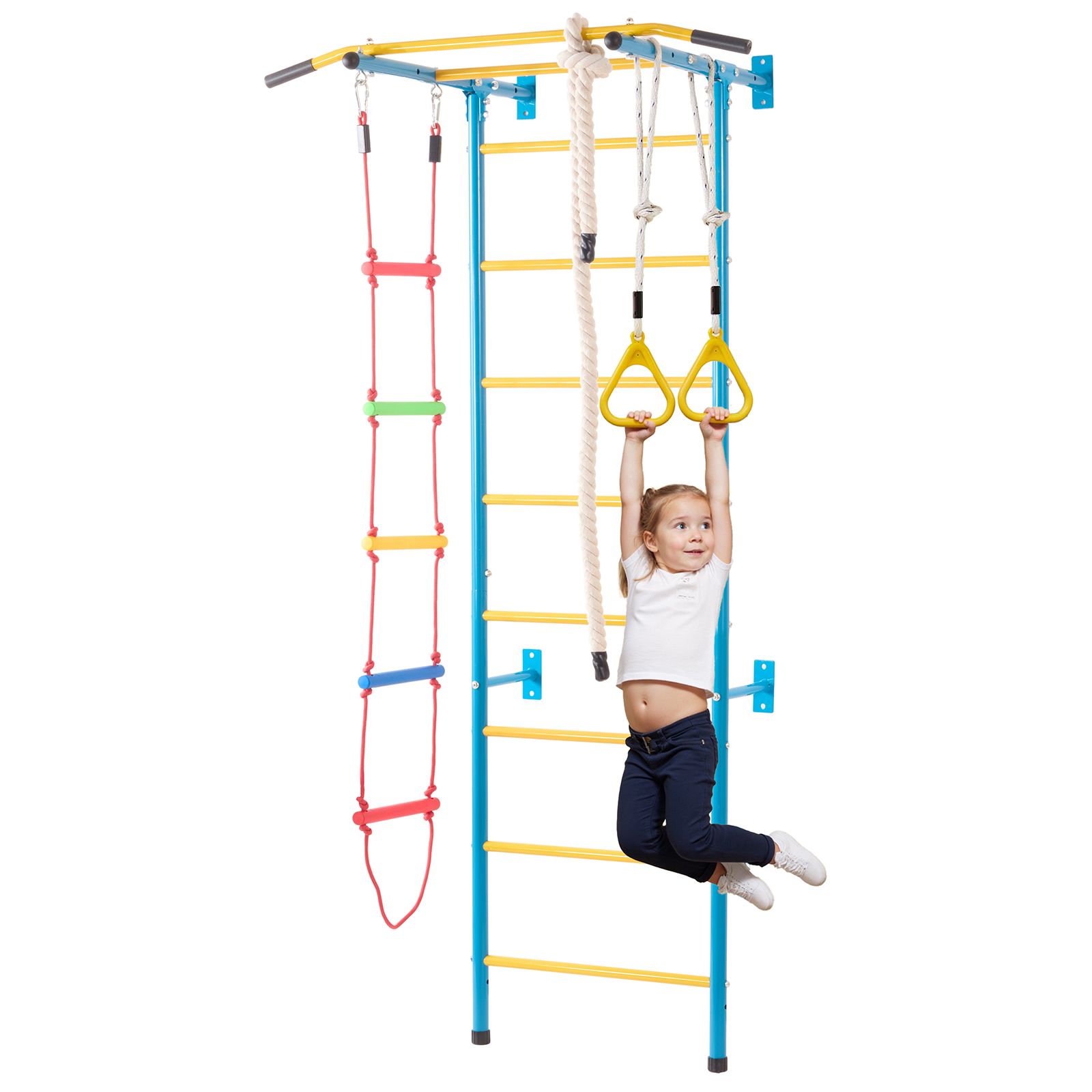 5-in-1 Indoor-spielbereich Für Kinder Mit Schwedischer Stahlleiter, Klimmzugstange, Strickleiter Und Turnringen. Belastbar Bis 100 Kg.