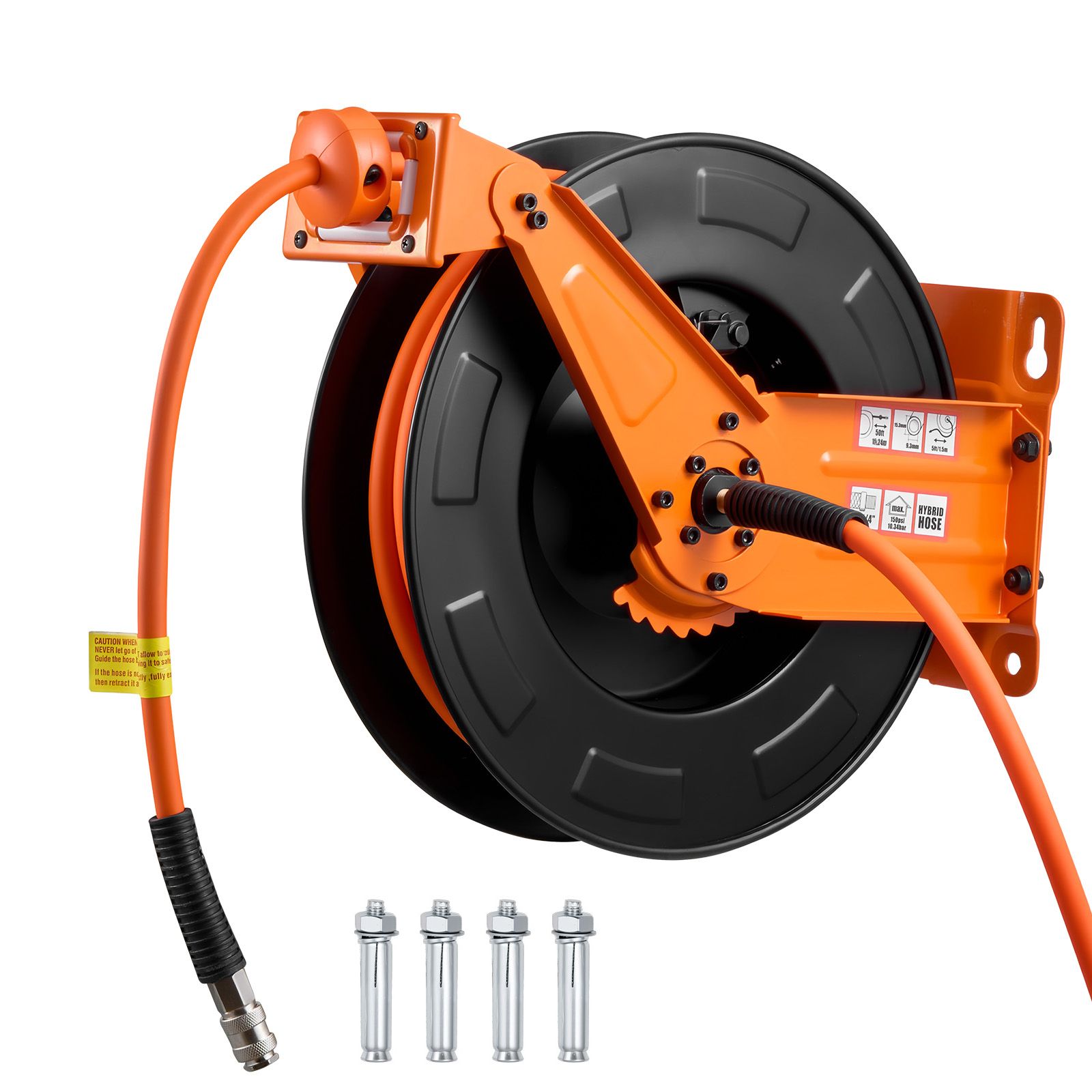 Einziehbare Druckluftschlauchtrommel, 15 M X 9,5 Mm, Max. 300 Psi, Automatischer Rücklauf, 1,52 M Zulaufschlauch, Decken-/wandmontage, Robuster Doppelarm Aus Stahl.