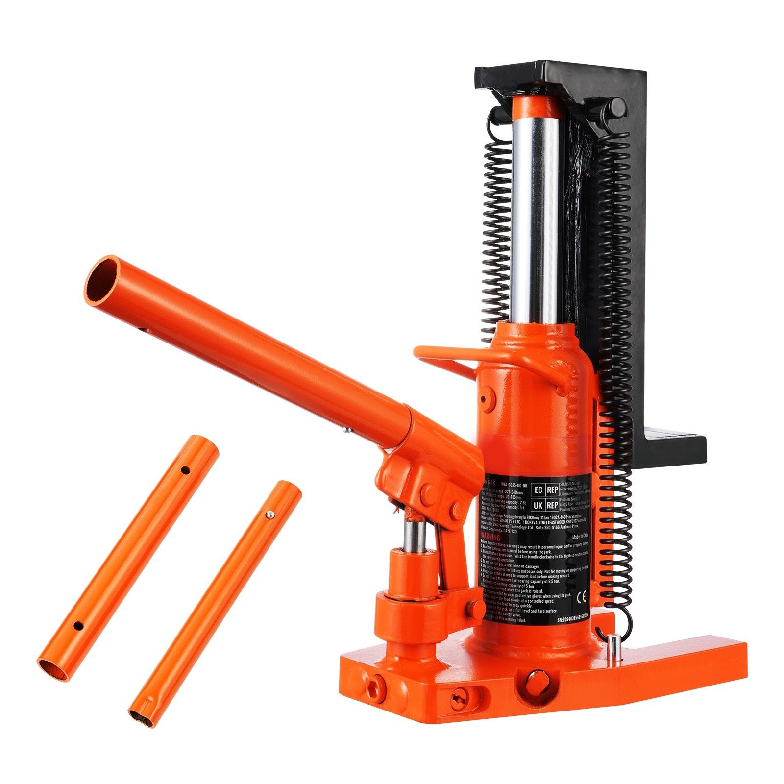 Hydraulischer Klauenheber, 2,5 T (2268 Kg) Am Ende, 5 T (4536 Kg) Am Kopf, Klauehöhe 2-13,5 Cm, Obere Höhe 22,6-34 Cm, Pneumatisch.