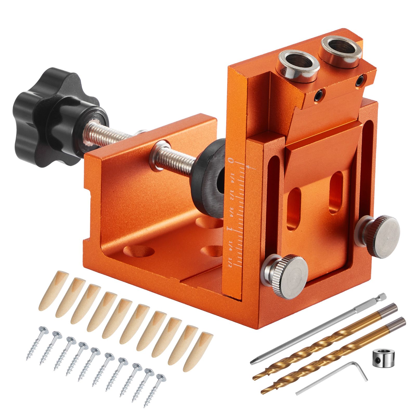 Verstellbares 12–48-mm-taschenlochbohrer-set Mit Stufenbohrer, Innensechskantschlüssel, Anschlagring, Vierkantbohrer, Dübeln Und Schrauben, Verstärktem Metallrahmen, Für Die Holzbearbeitung
