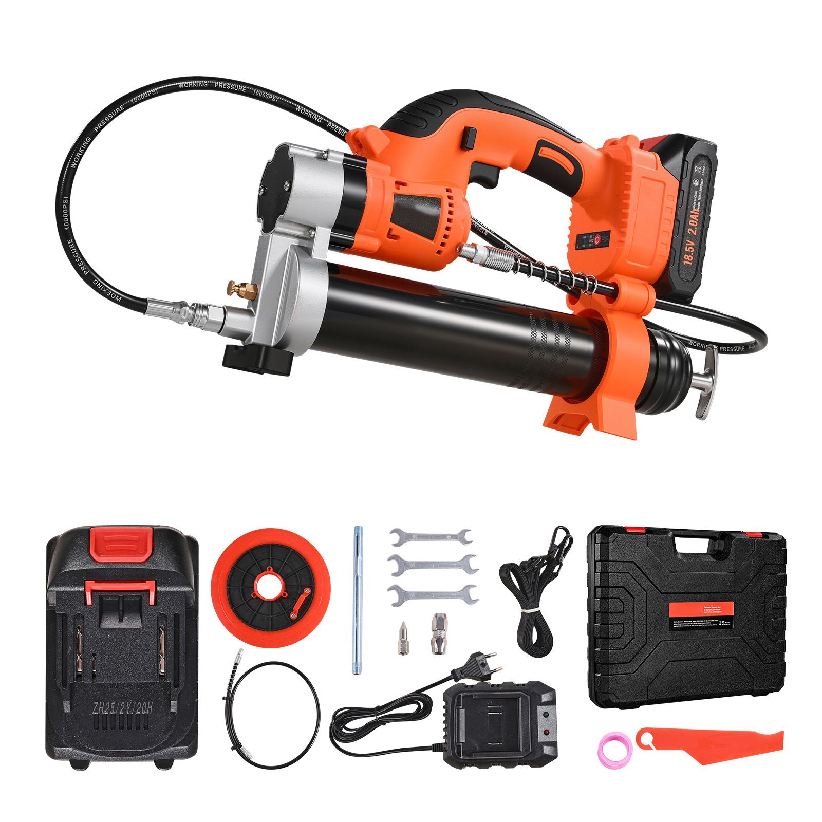 20v Akku-fettpresse, Max. 8000 Psi, 2,0 Ah Akku, 30 Cm Flexibler Schlauch, Led-licht, Variabler Auslöser, Inklusive Koffer, Für Fahrzeuge Und Maschinen.